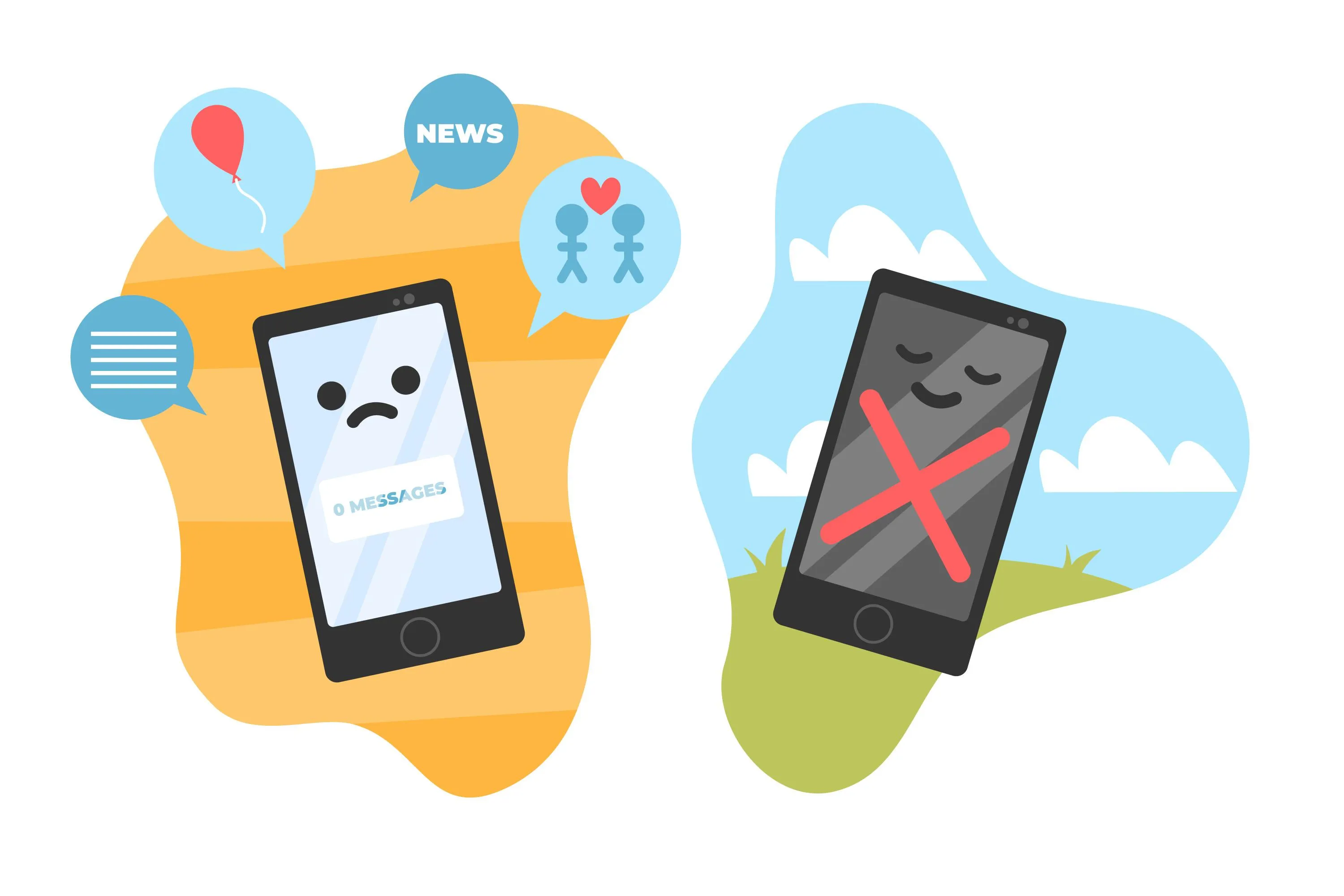 Illustration of two smartphones; one with no messages and sad face, the other turned off with a content face, representing different notification states.