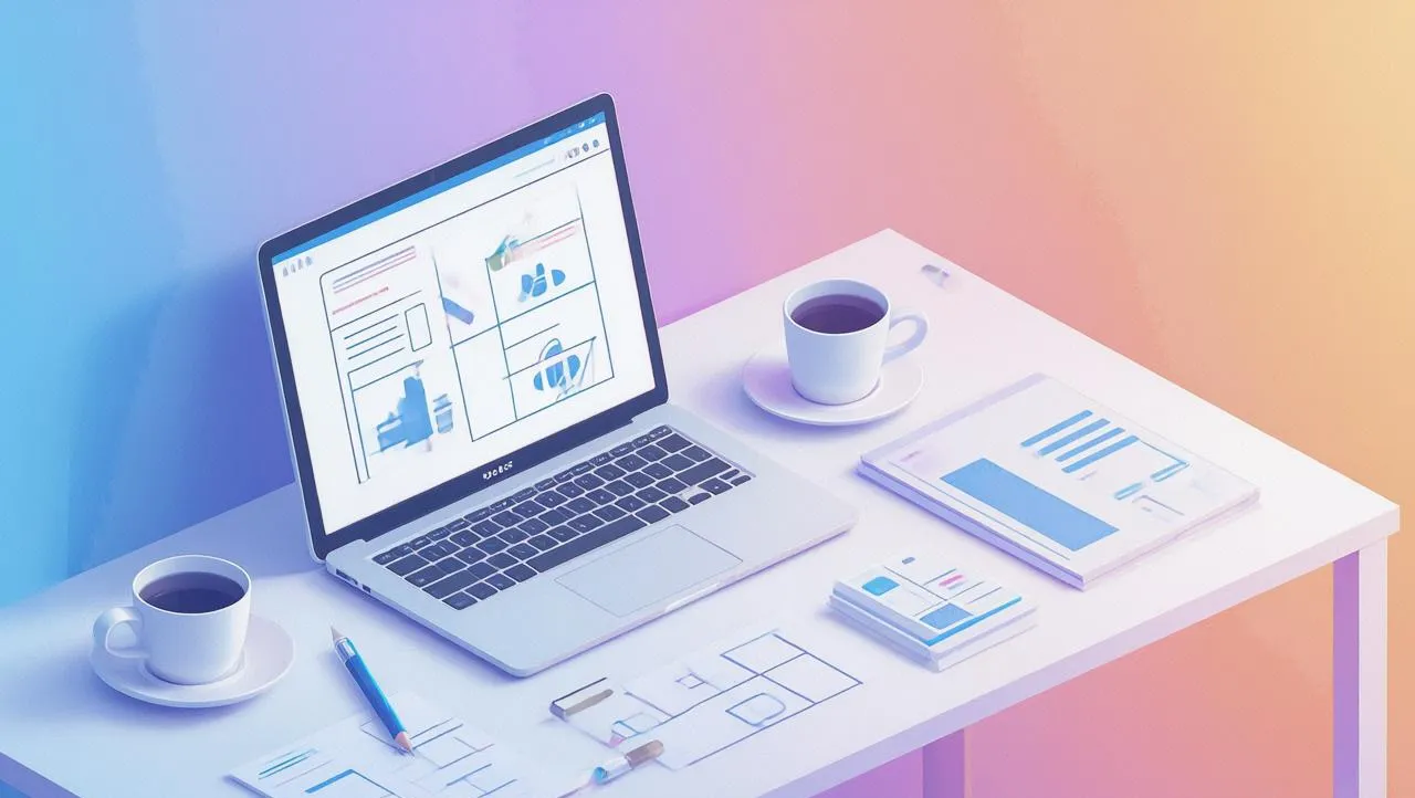 Modern designer workspace with laptop, wireframes, coffee, and blue-pink gradient.