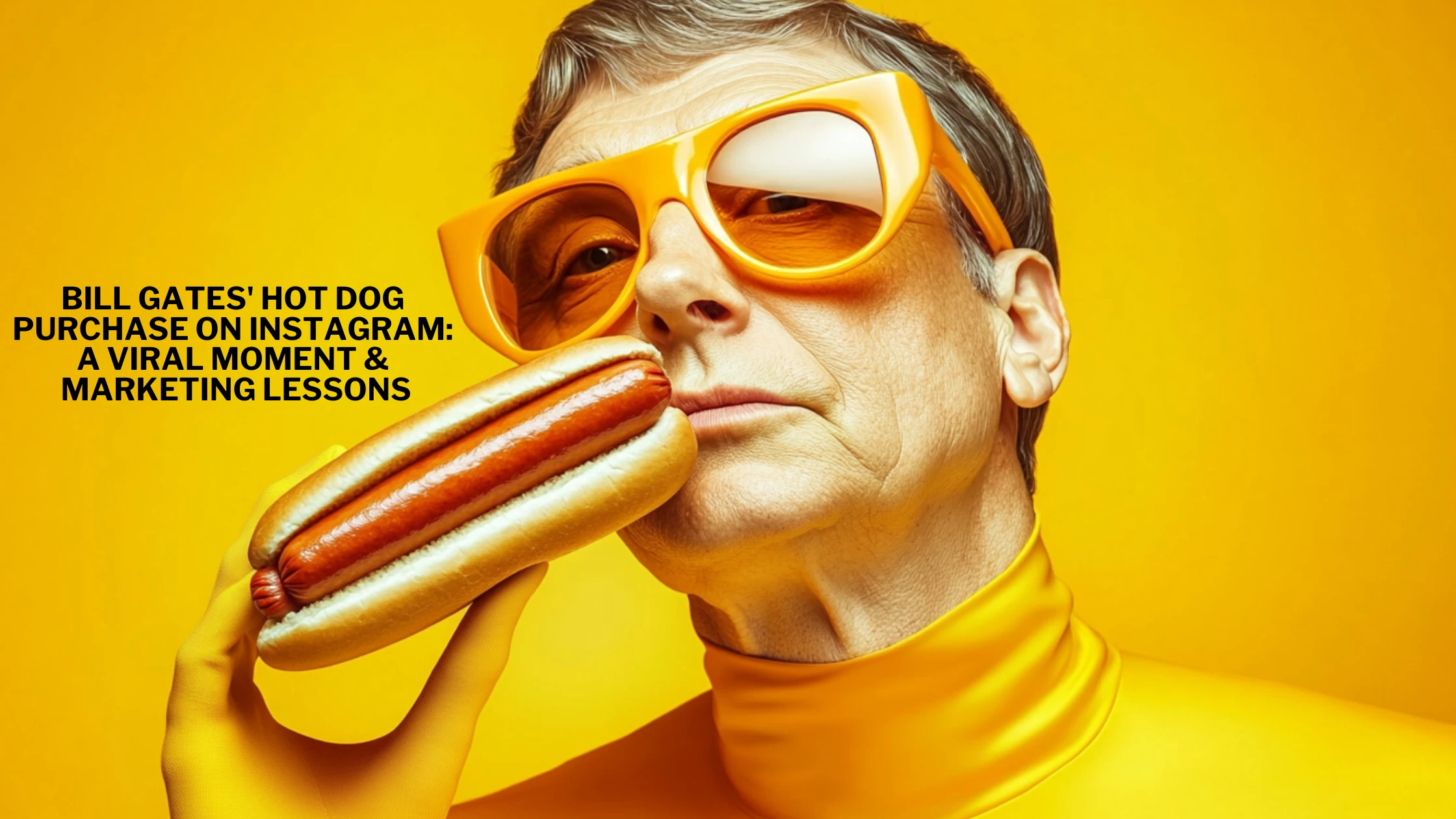 Bill Gates holding a hot dog, wearing orange sunglasses, showcasing a viral Instagram marketing moment.