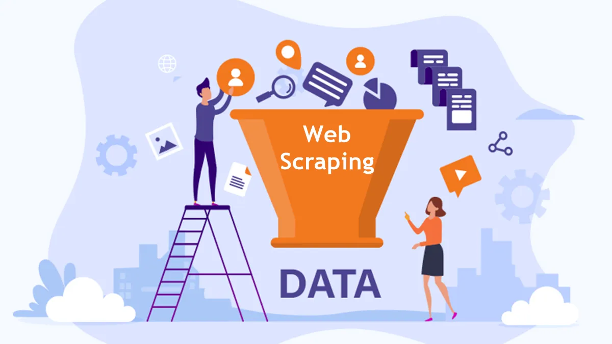 Illustration of web scraping process with a funnel collecting various data elements like profiles, text, images, and documents, representing data extraction techniques.