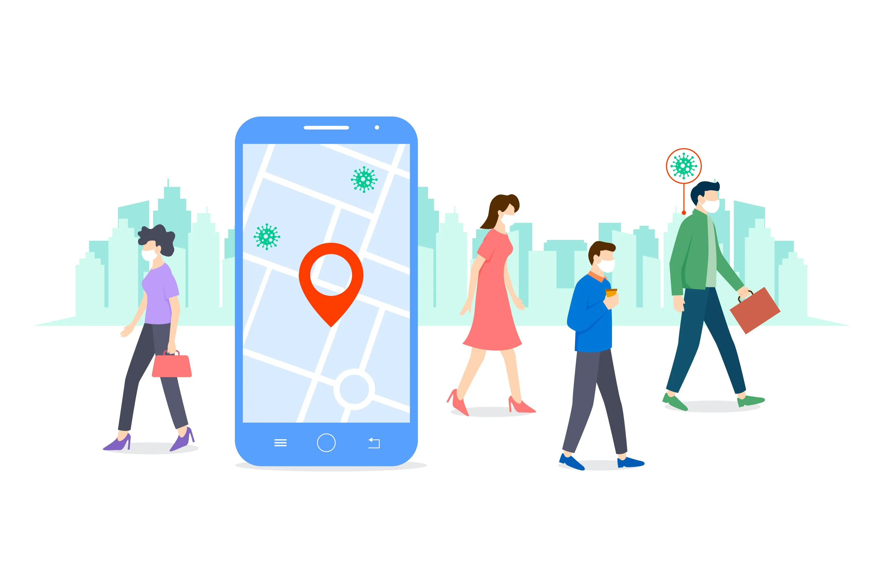 contact tracing app on phone with people walking