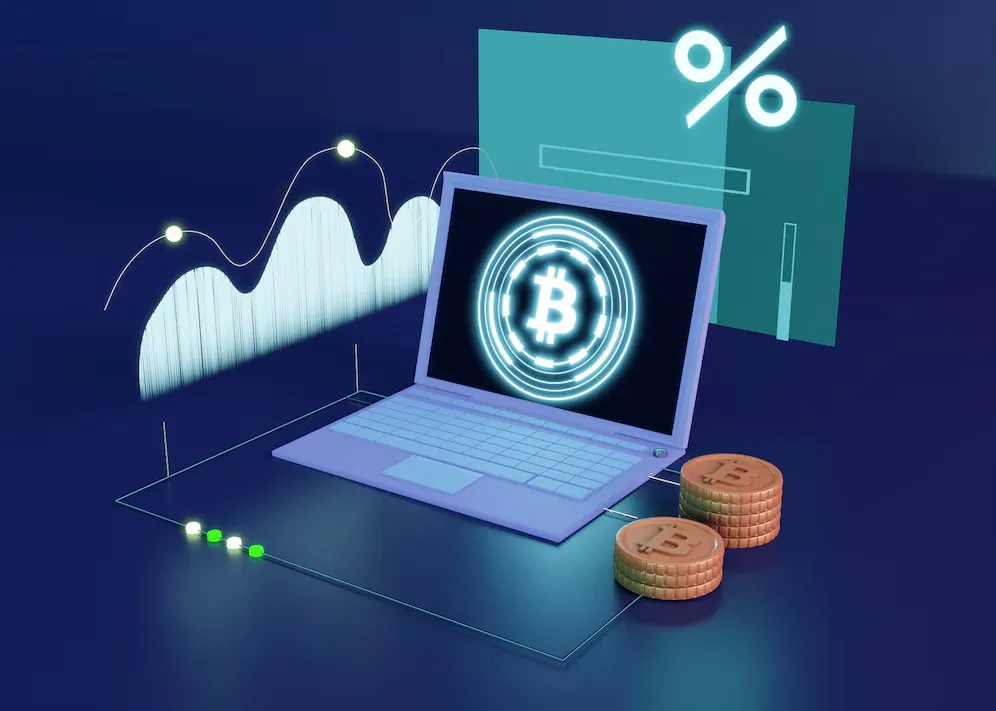 Laptop with Bitcoin logo and trading graphs, cryptocurrency.