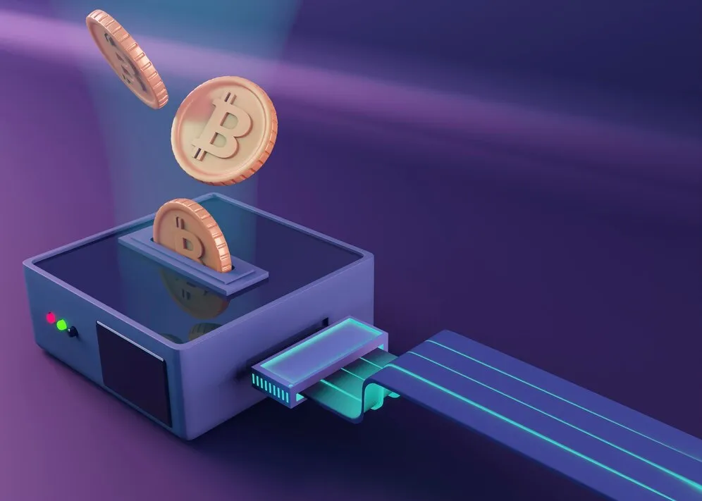 Bitcoin coins entering a digital wallet device, cryptocurrency transactions.