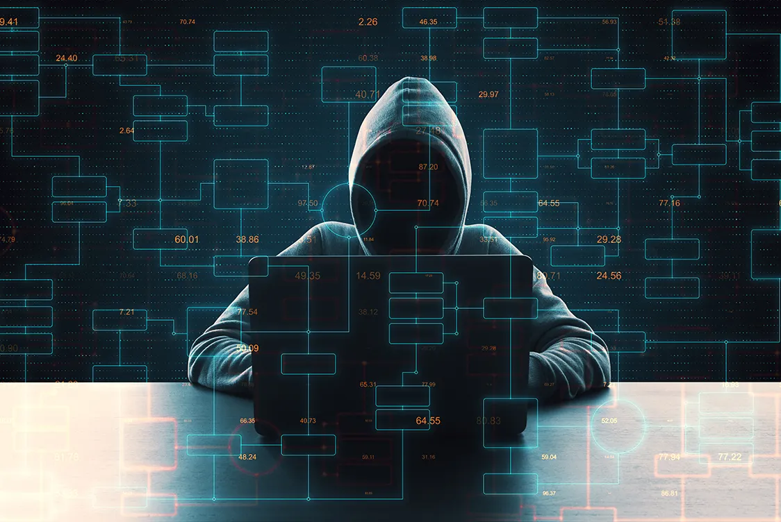 Hooded hacker analyzing glowing digital code in dark cyberspace.