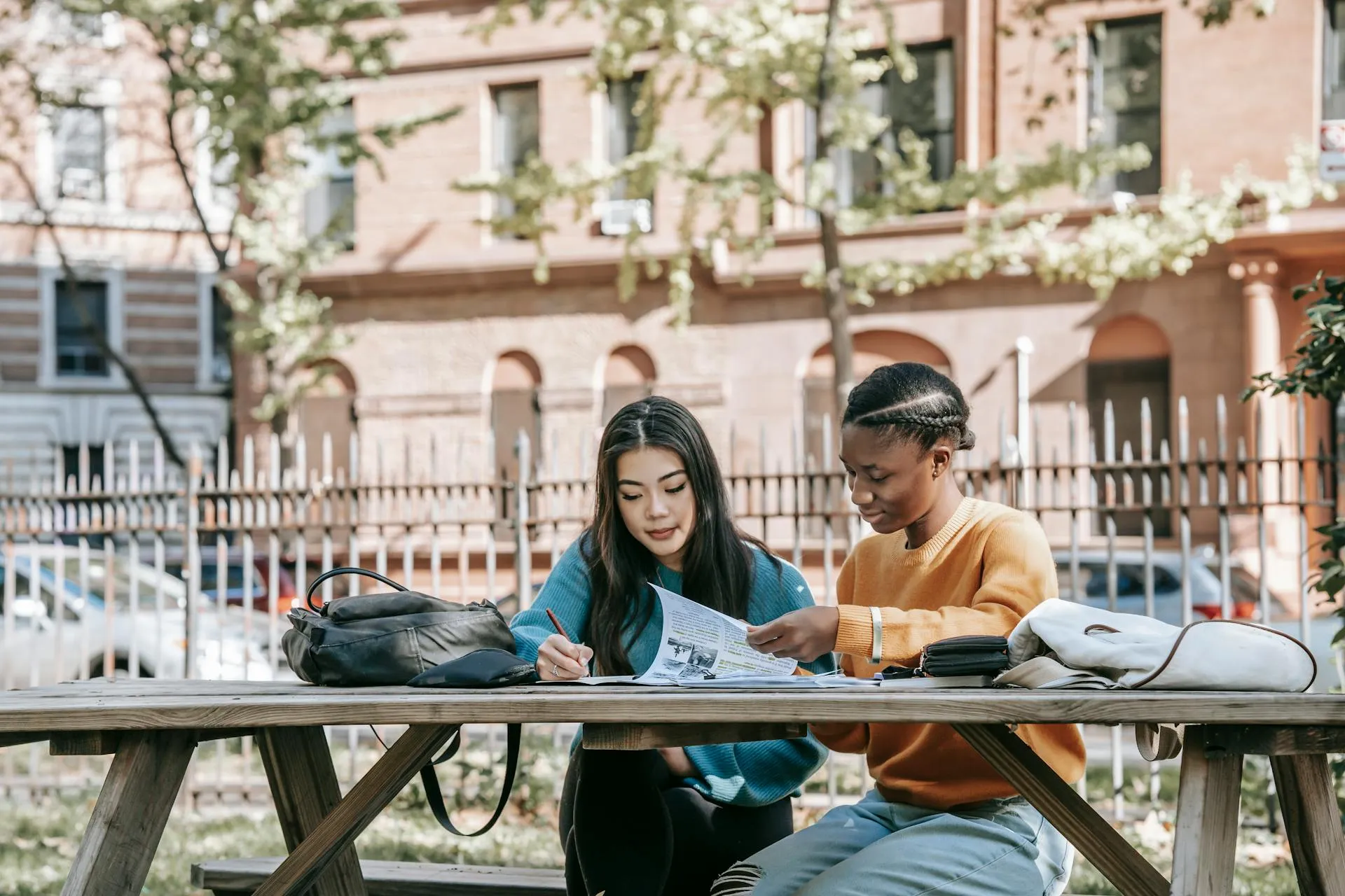 Diverse students studying together at sunny park table with textbooks.