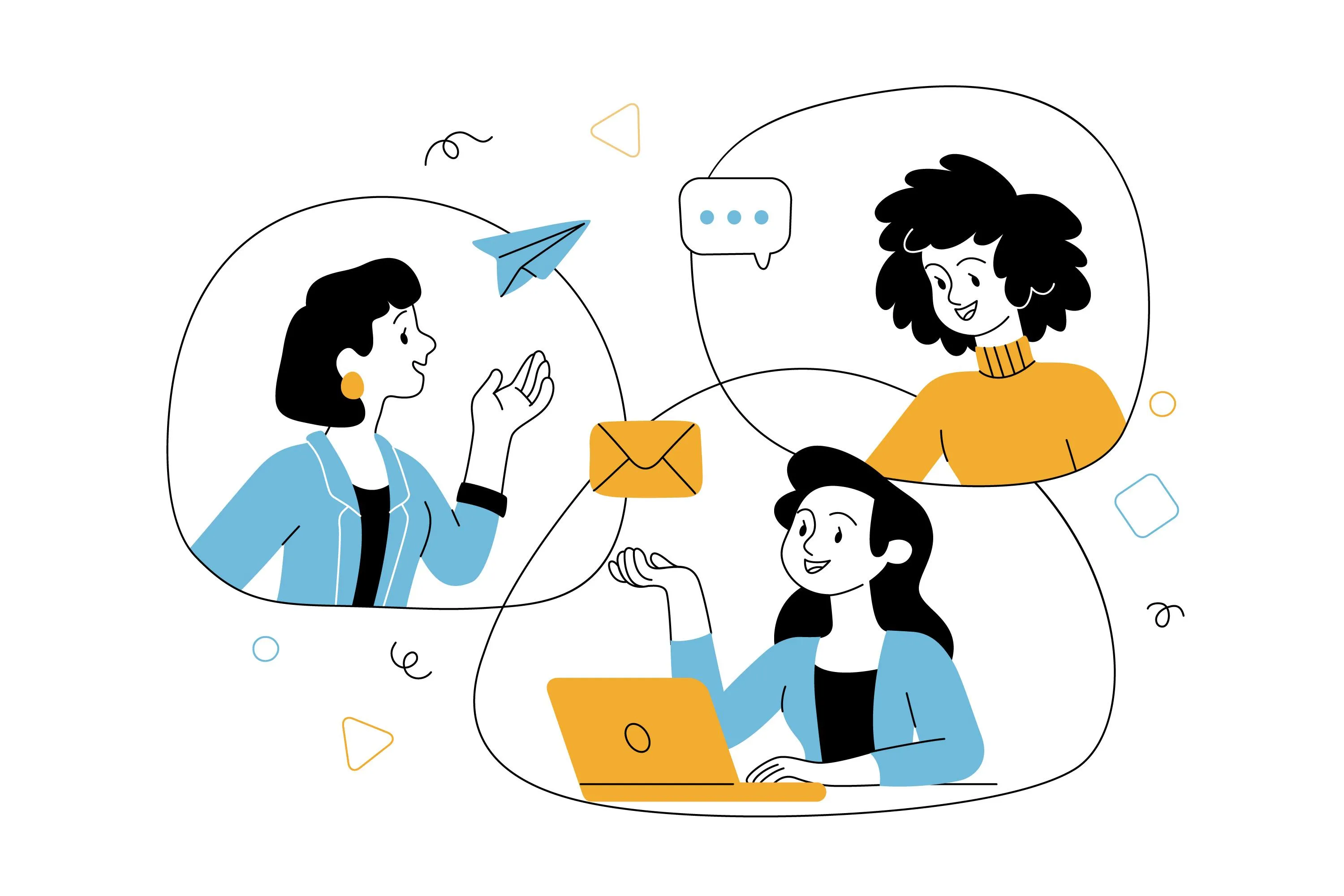 Illustration of three women engaging in digital communication and collaboration through chat and email, symbolizing teamwork and virtual interaction.