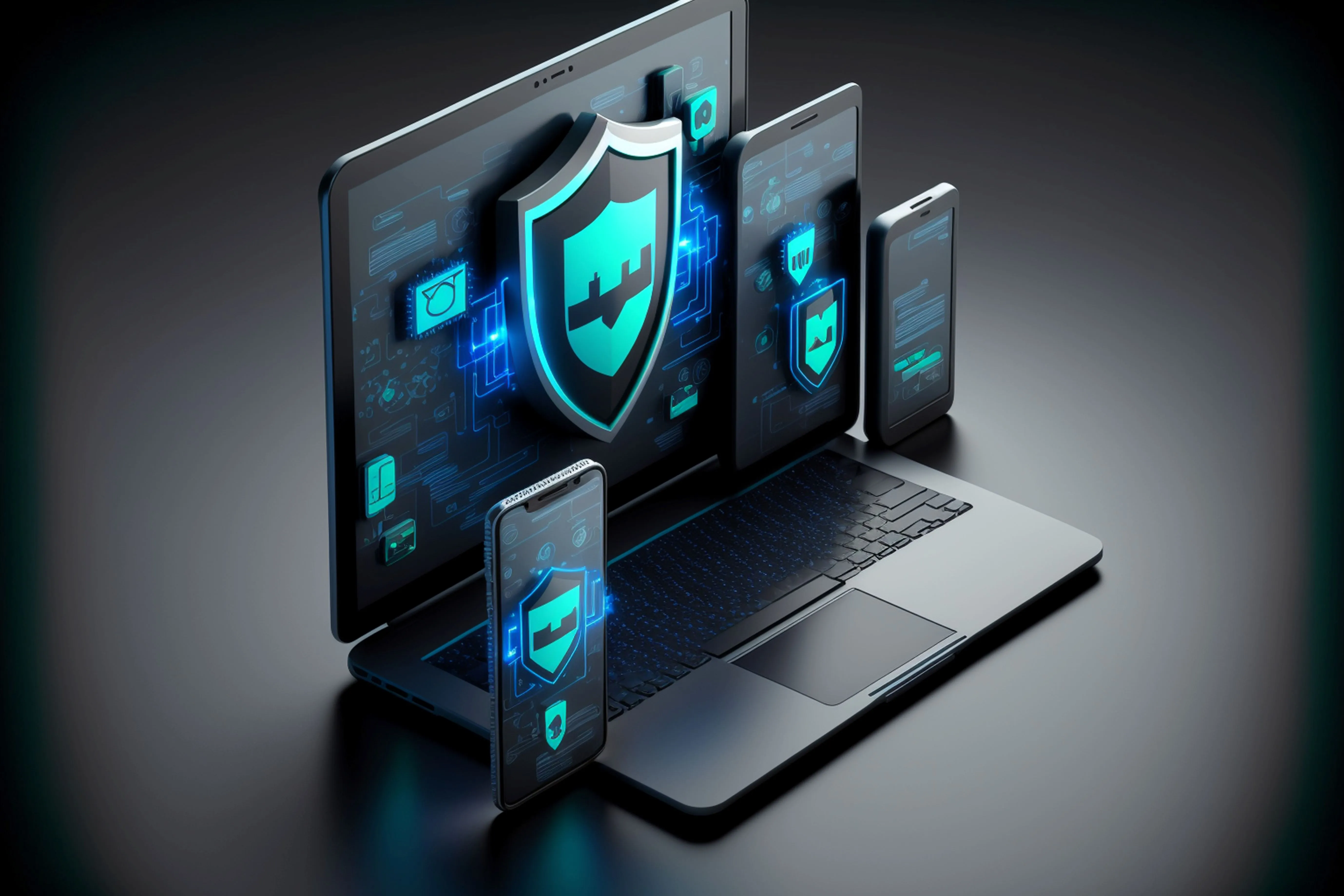 Digital illustration of cybersecurity protection featuring a shield graphic overlaying a laptop and mobile devices, representing device security and technology