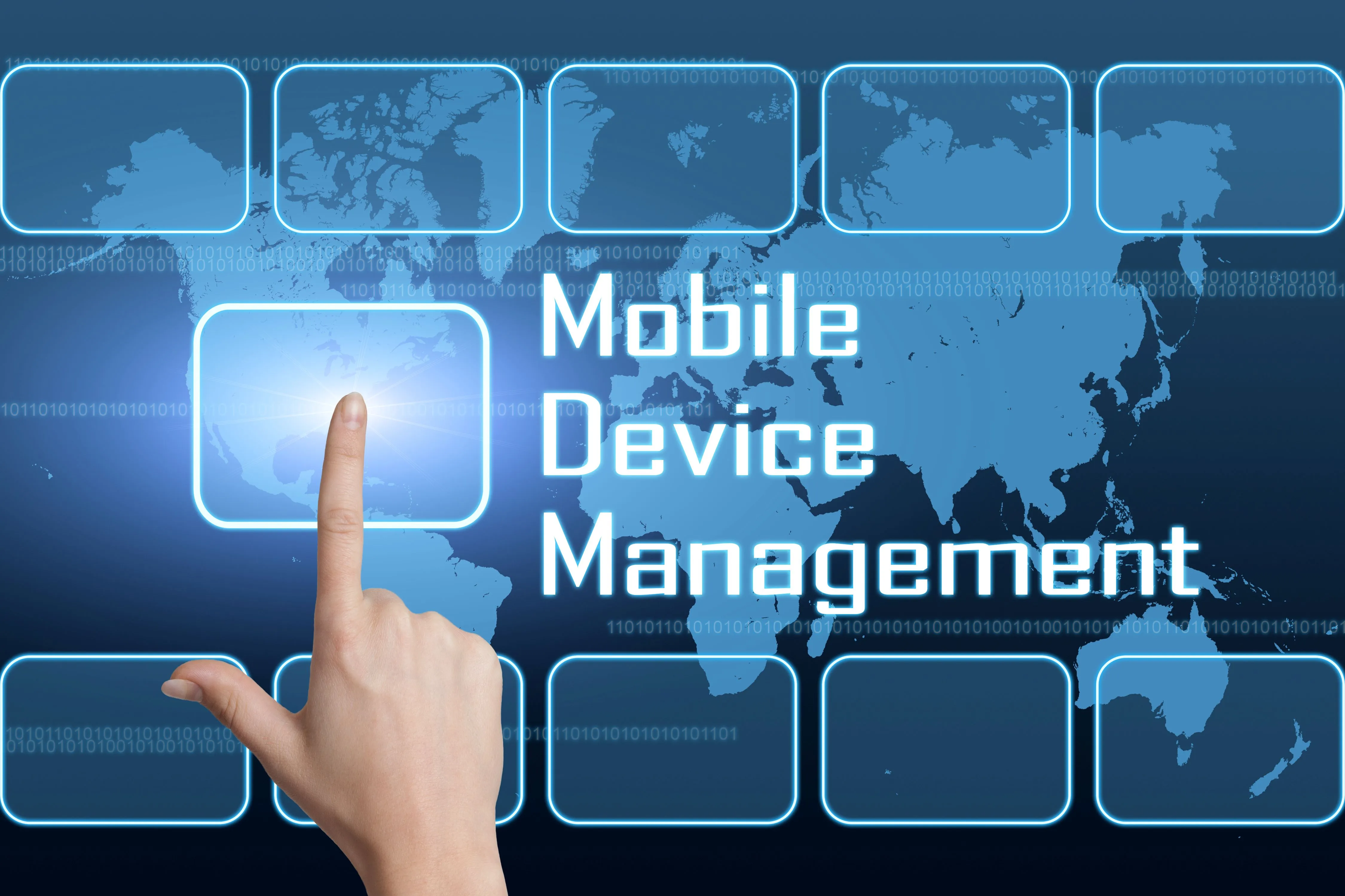 Illustration of Mobile Device Management with a hand interacting on a digital map interface depicting global connectivity and technology