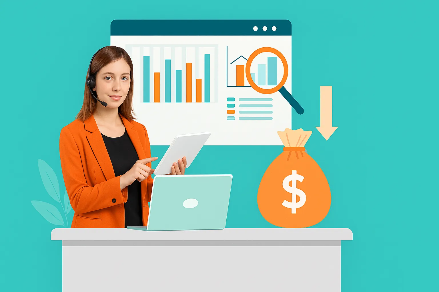 Financial analyst in orange blazer reviewing data charts on laptop.