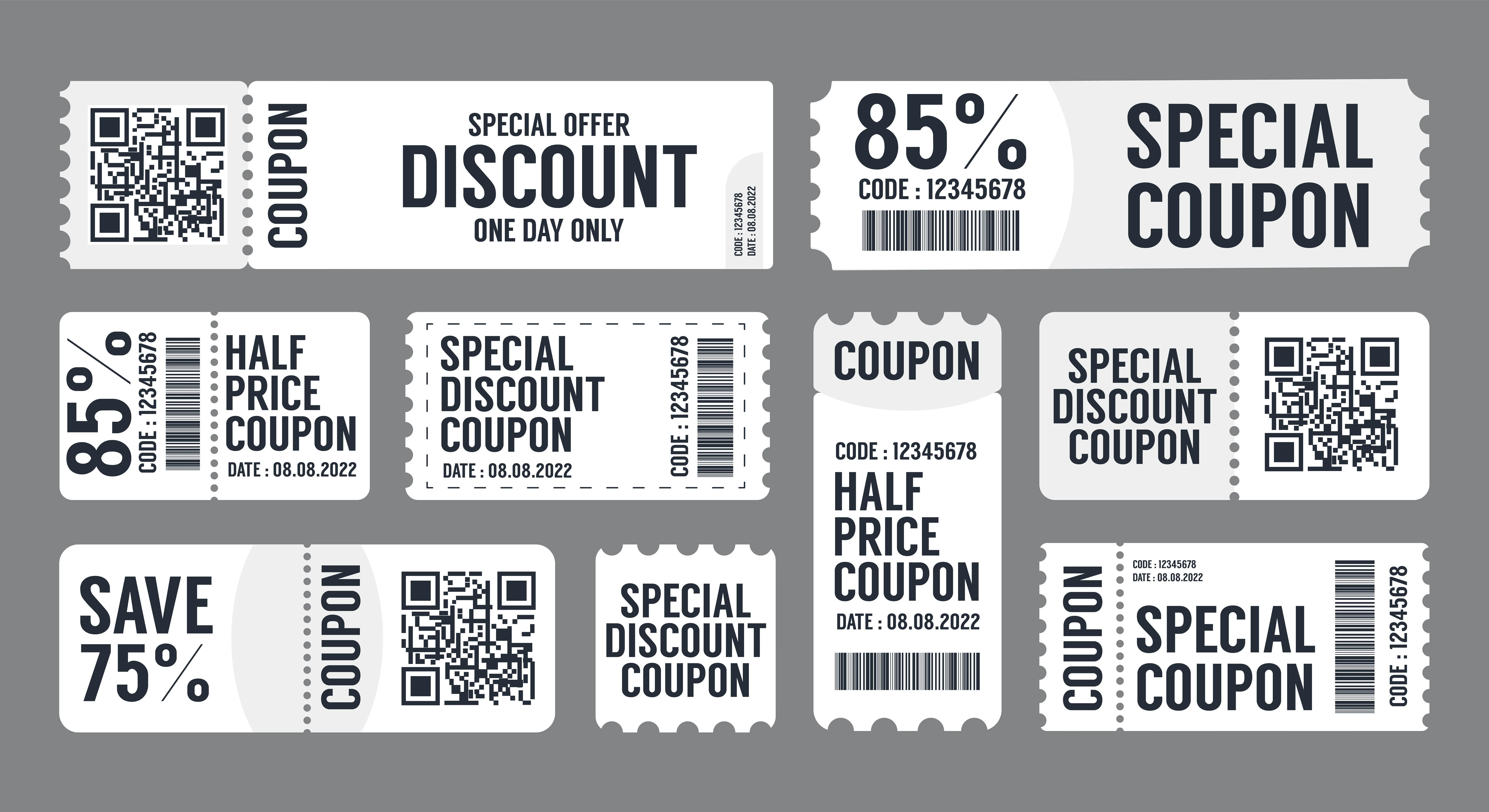 Collection of discount coupons with varying offers, QR codes, and barcodes, featuring text such as Special Offer, Half Price Coupon, and Save 75%.