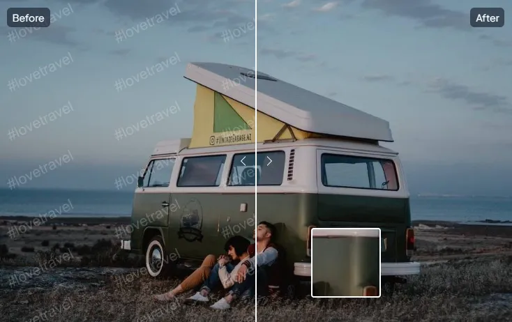 Before and after comparison of a vintage camper van with travelers sitting beside it, showcasing photo removed the watermaker