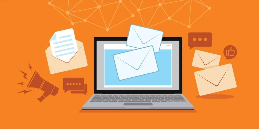 Illustration of a laptop with flying email envelopes, communication icons, and a megaphone on an orange background, representing email marketing and digital communication.