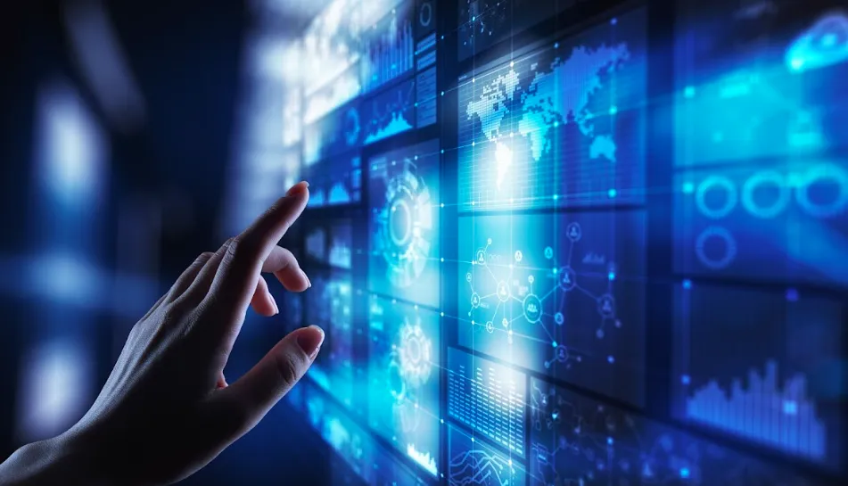 Hand interacting with a futuristic digital interface displaying various data and graphs
