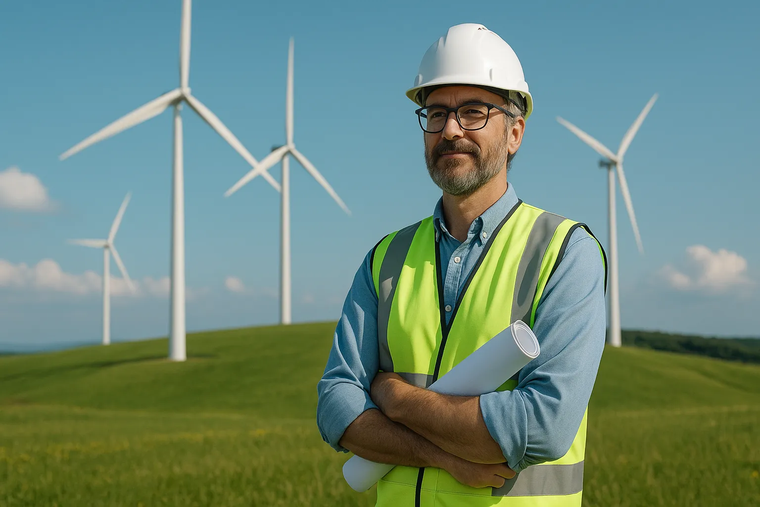 Engineer in safety gear checks blueprints at wind turbine farm.
