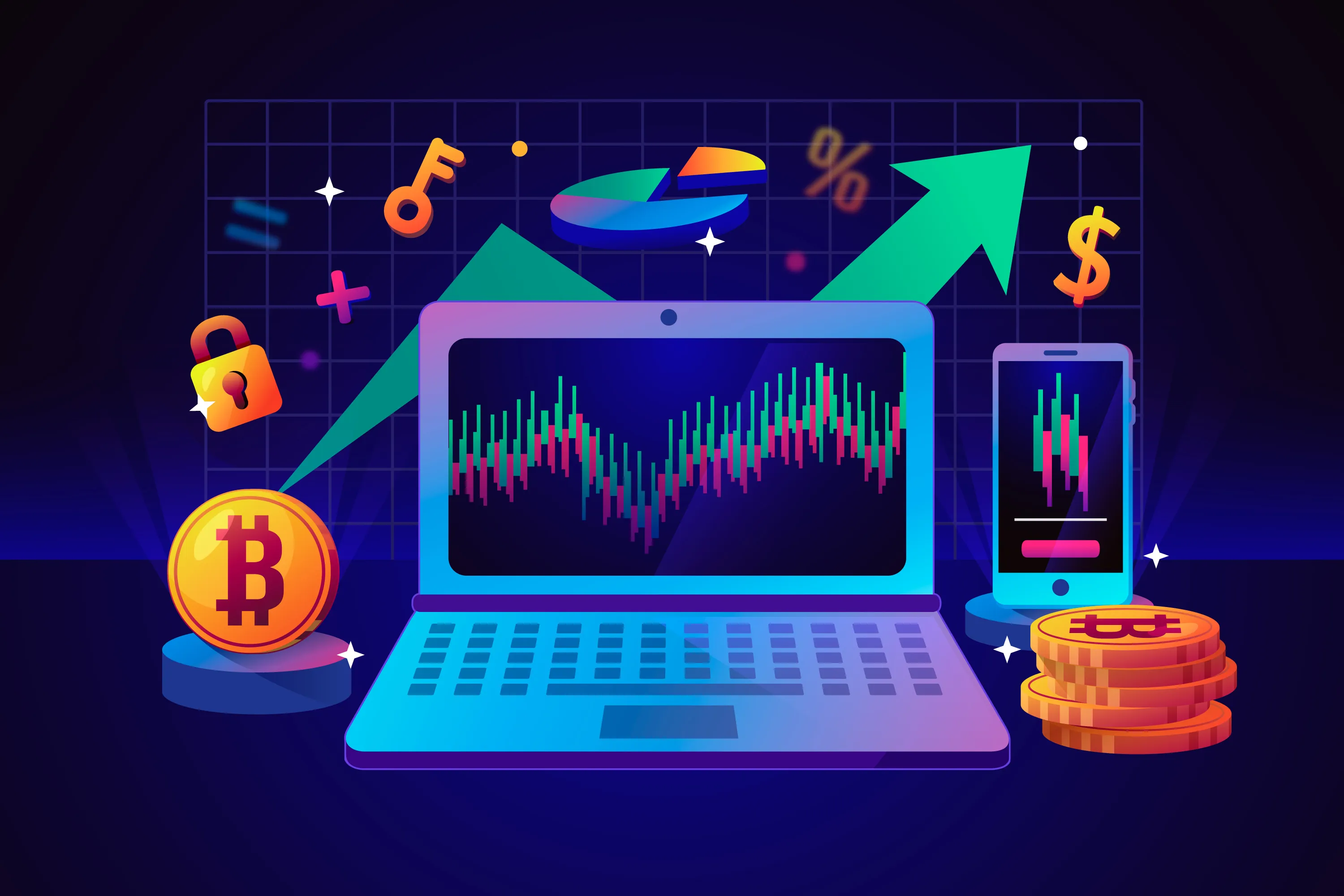 Crypto trader analyzing Bitcoin charts on laptop and mobile.