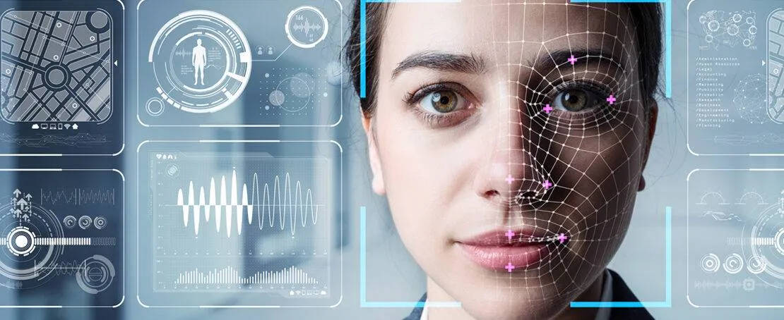 Close-up of a woman's face with facial recognition technology and AI analysis graphics overlayed.