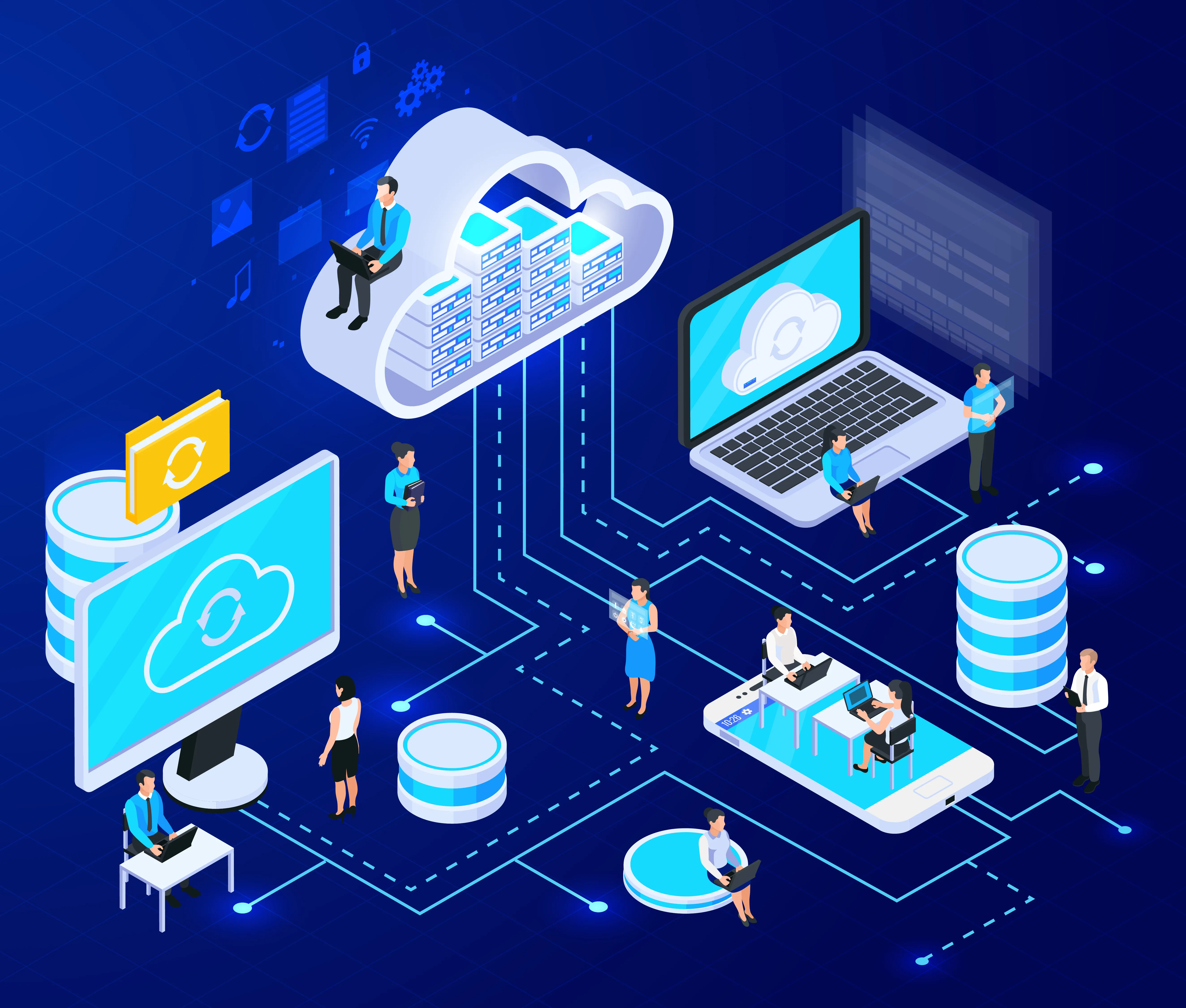 Illustration of cloud computing and data storage with people working on various devices connected to a central cloud server.