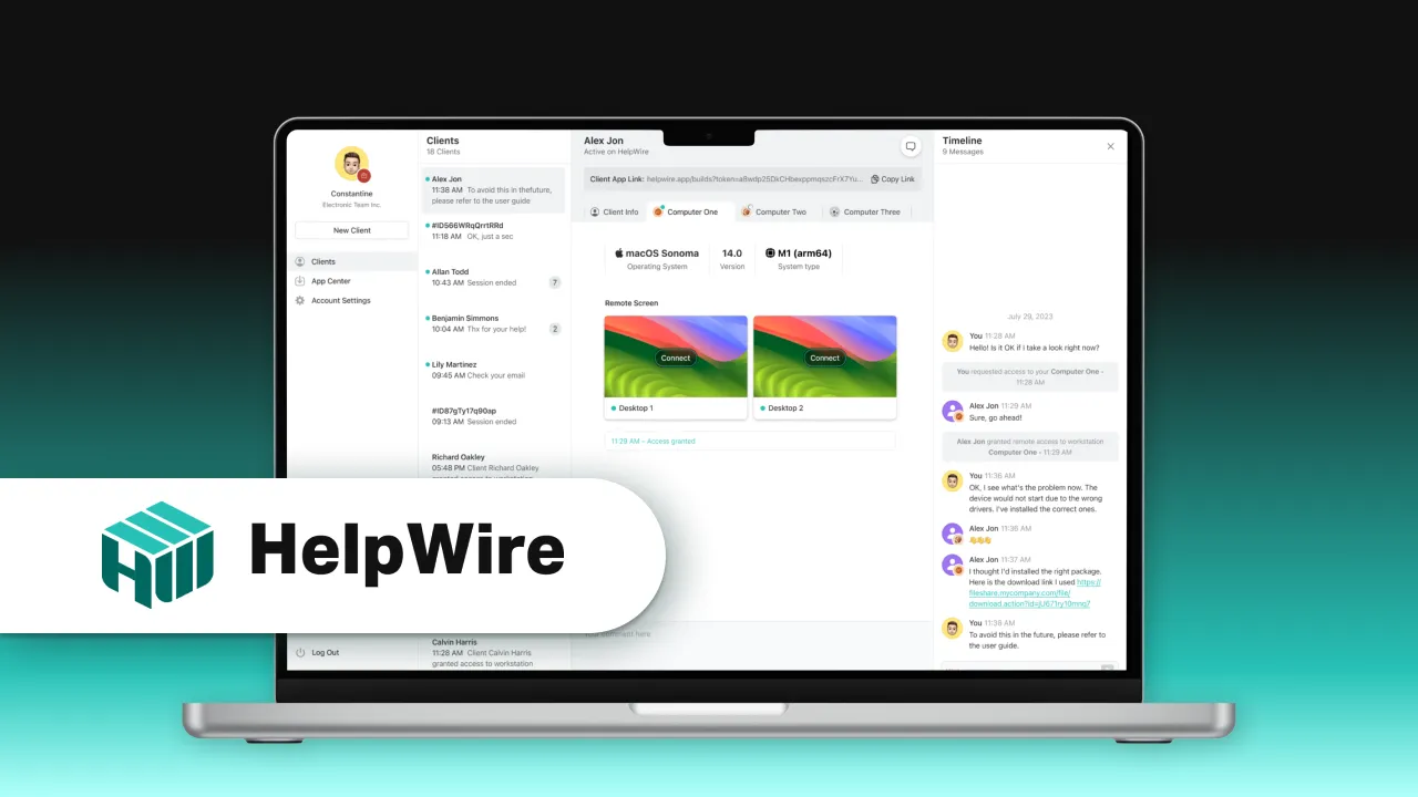 HelpWire client dashboard displayed on a laptop screen showing client list, remote desktop access, and chat timeline for remote tech support.