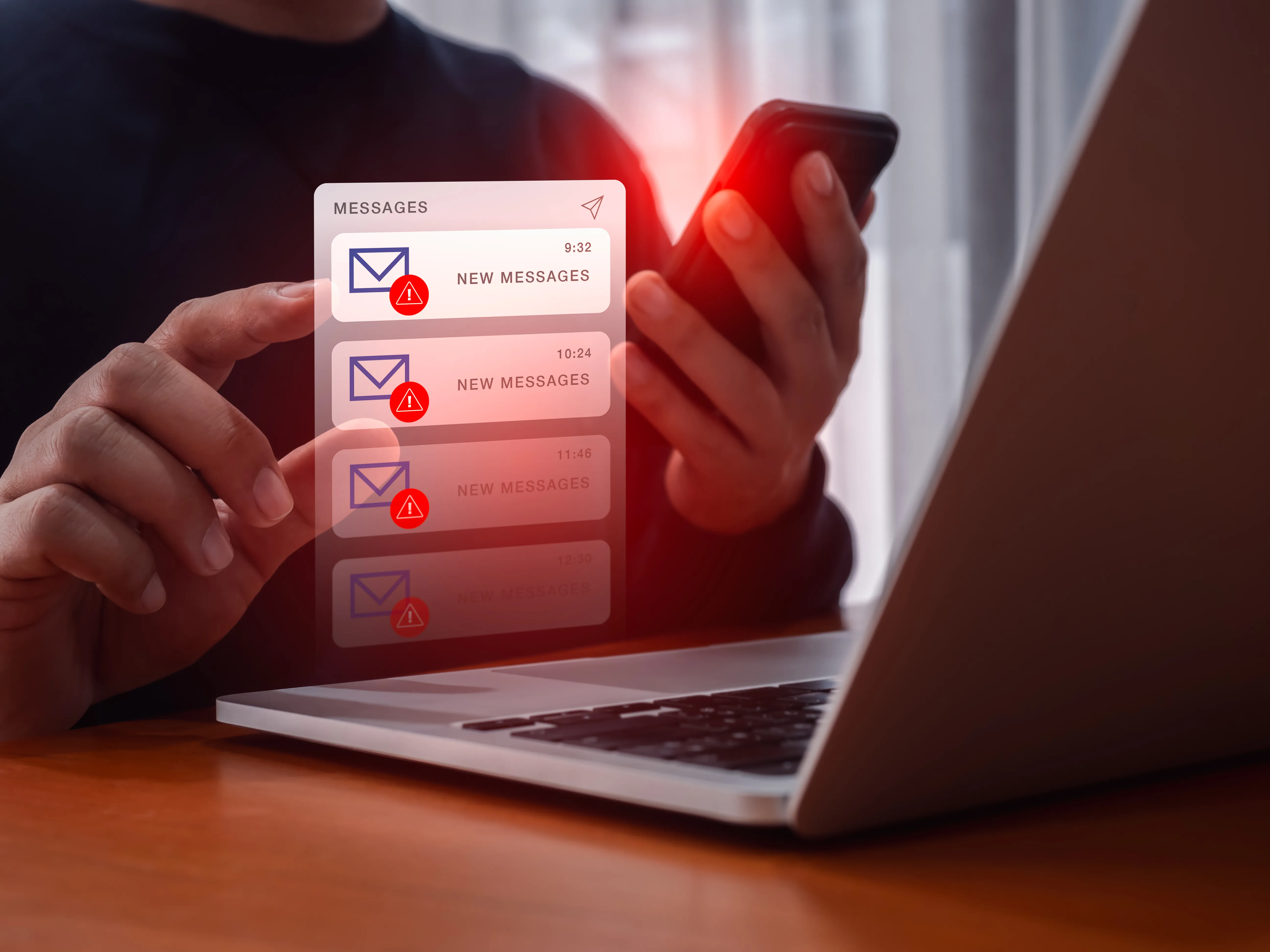 Professional checking urgent messages on laptop and phone simultaneously.