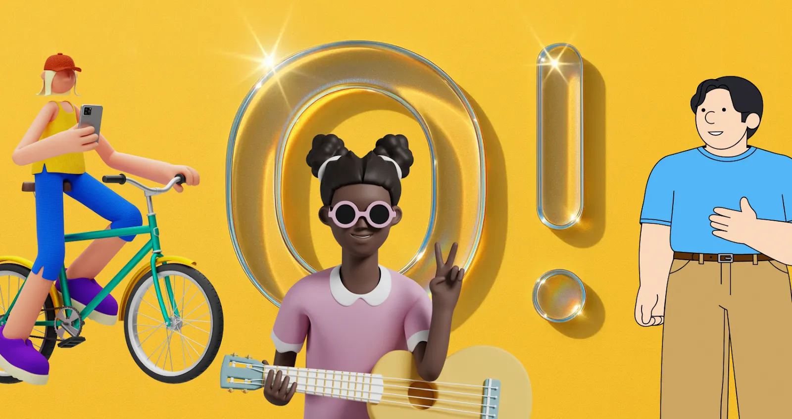 Vibrant cartoon characters cycling, playing guitar on yellow background.
