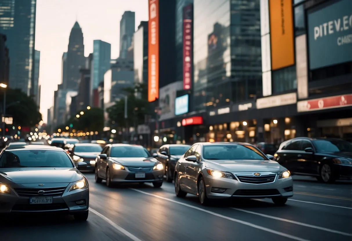 Busy city street with heavy traffic during rush hour, cars in motion and tall buildings in the background.