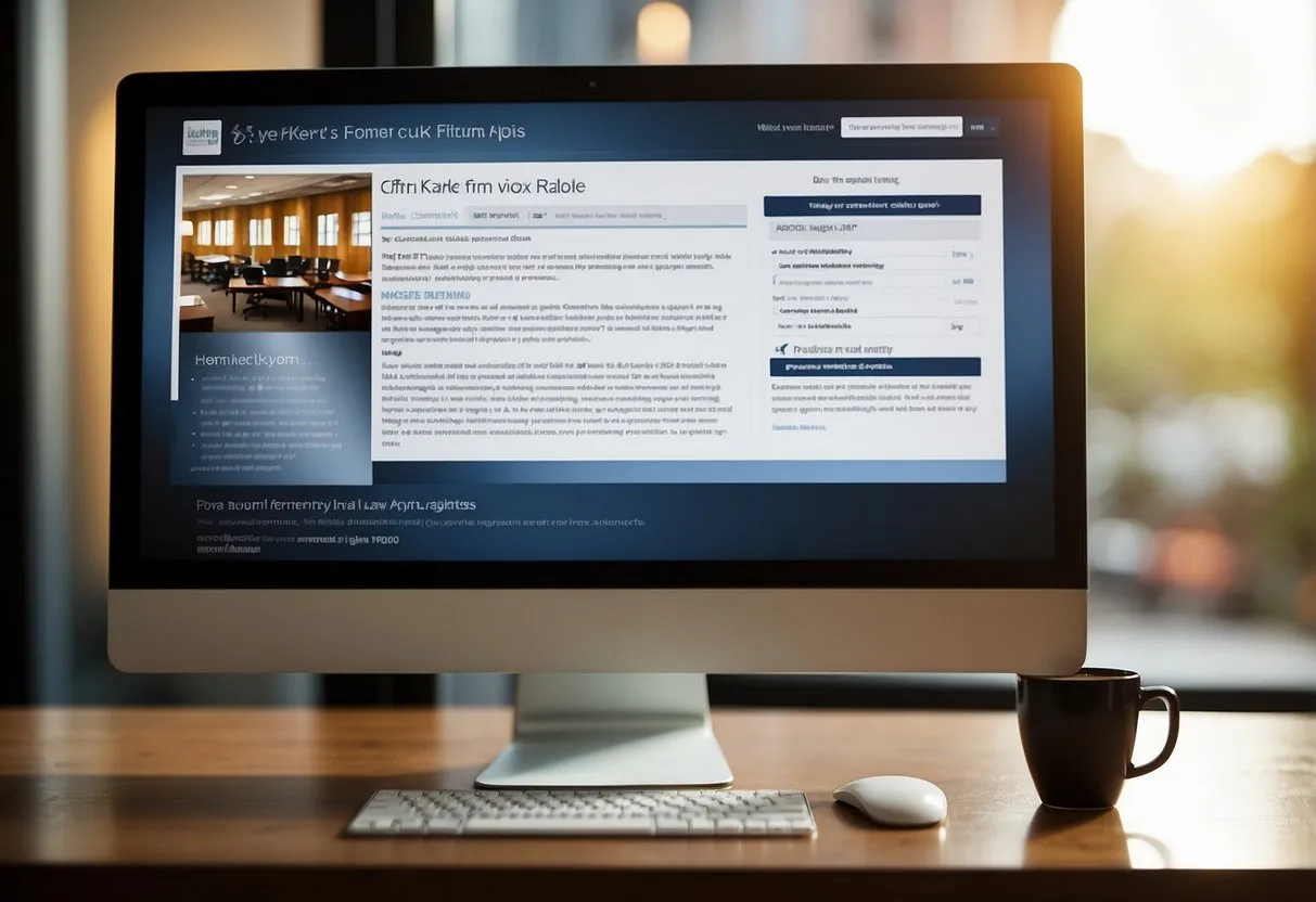 Desktop computer displaying a website, with a keyboard and coffee cup on the wooden desk, and a blurred background of a modern workspace.