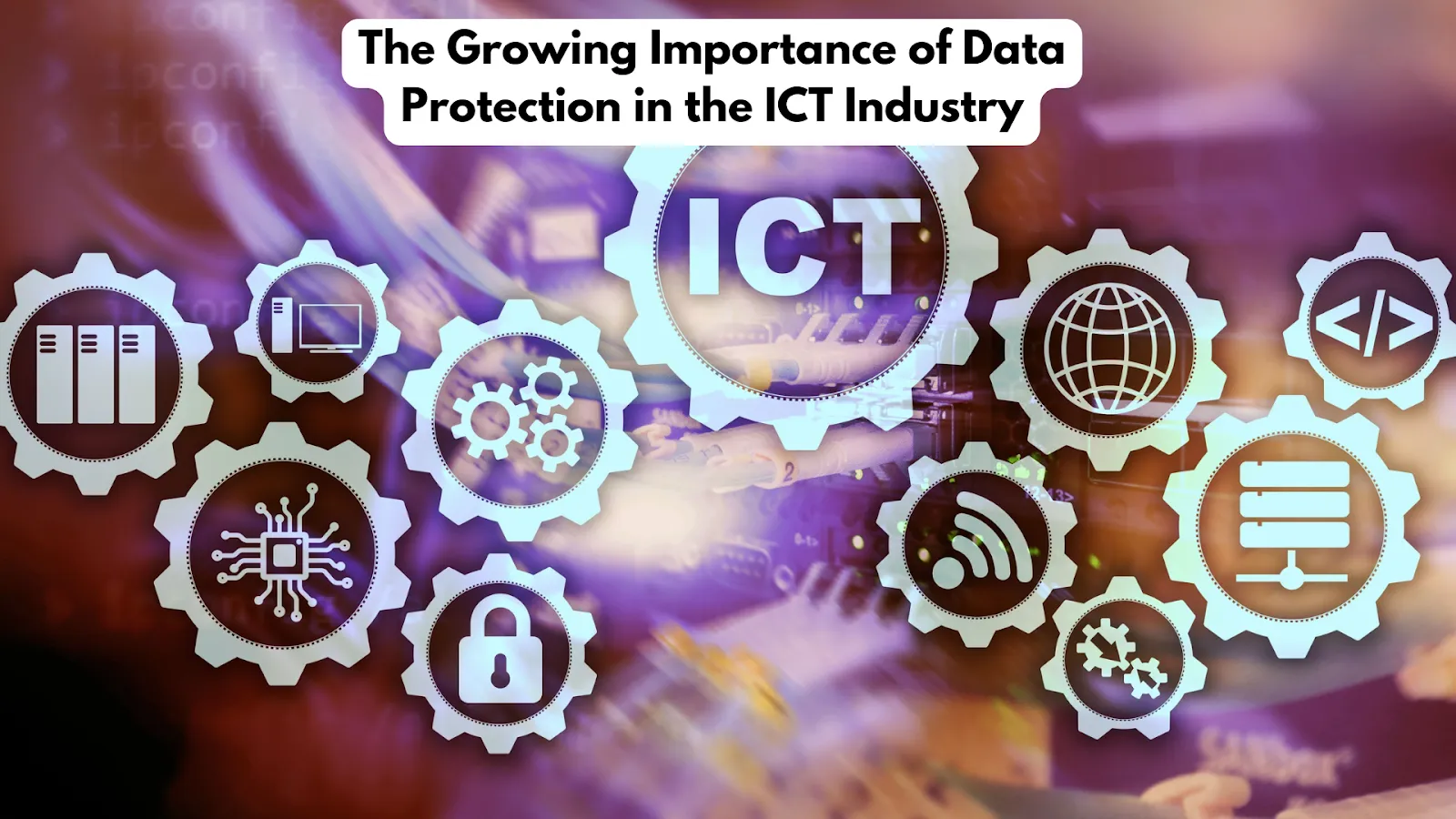 Data protection in ICT industry with servers, lock, and globe icons.