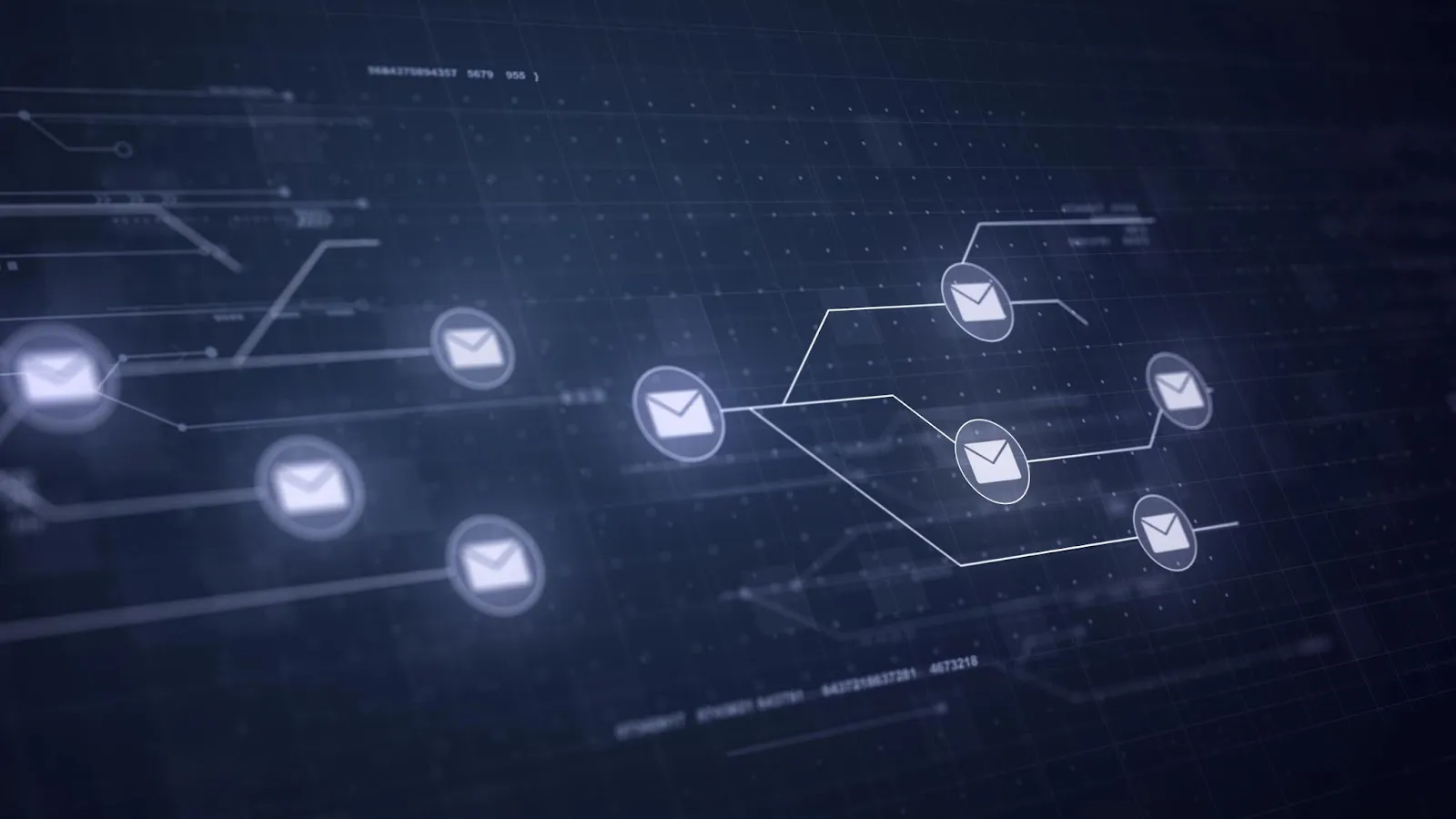 Glowing envelope icons forming digital network on dark tech interface