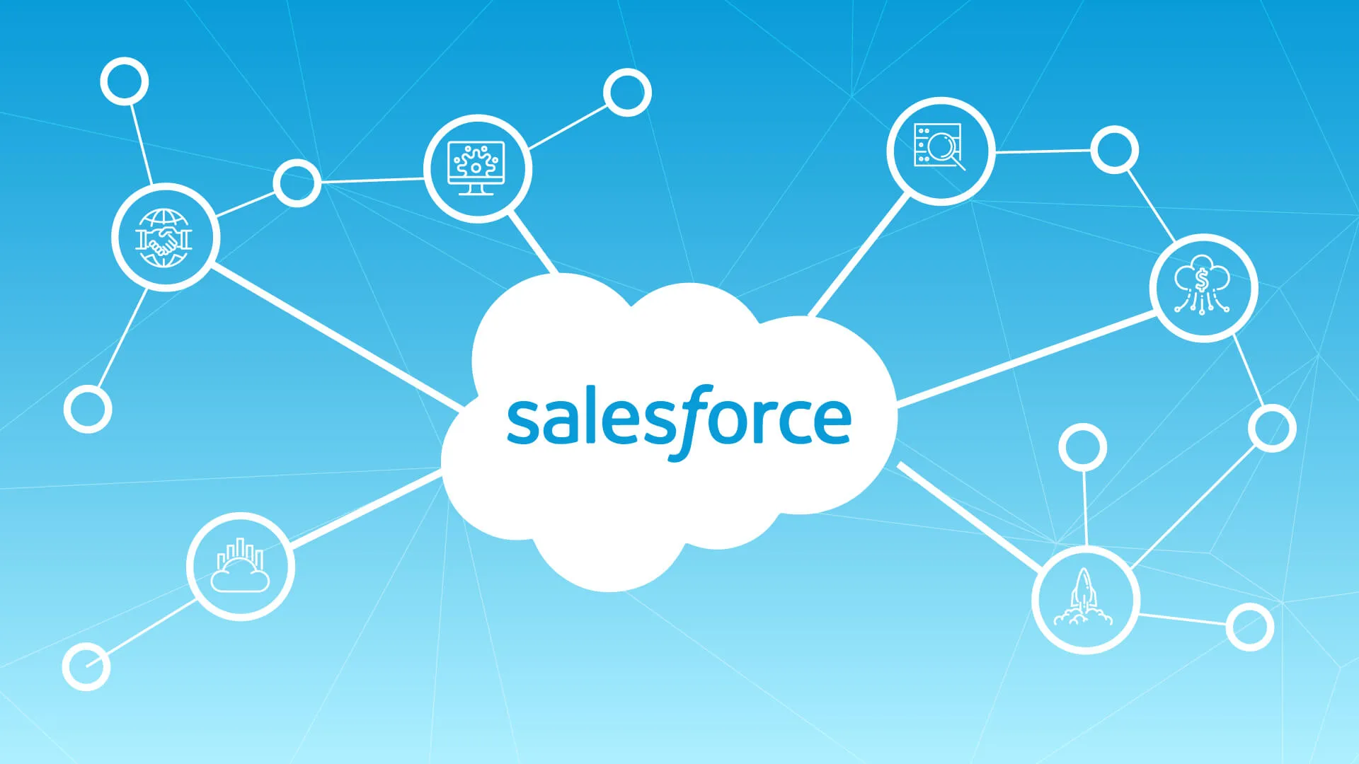 Salesforce logo with interconnected cloud-based service icons representing various integrations and functionalities.