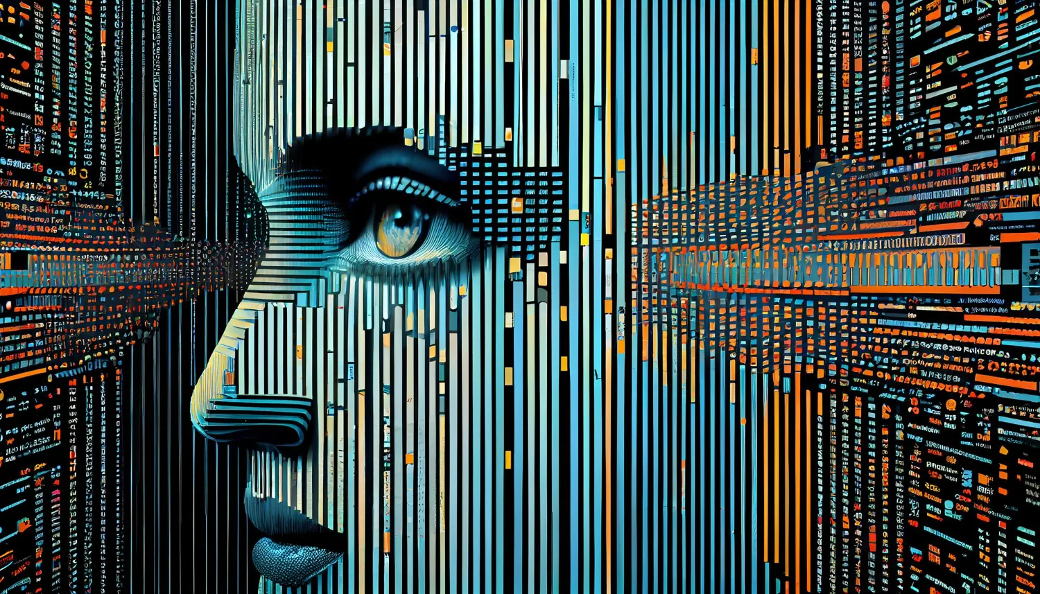 Digital face overlay with data streams, representing AI, digital identity, and data privacy concepts