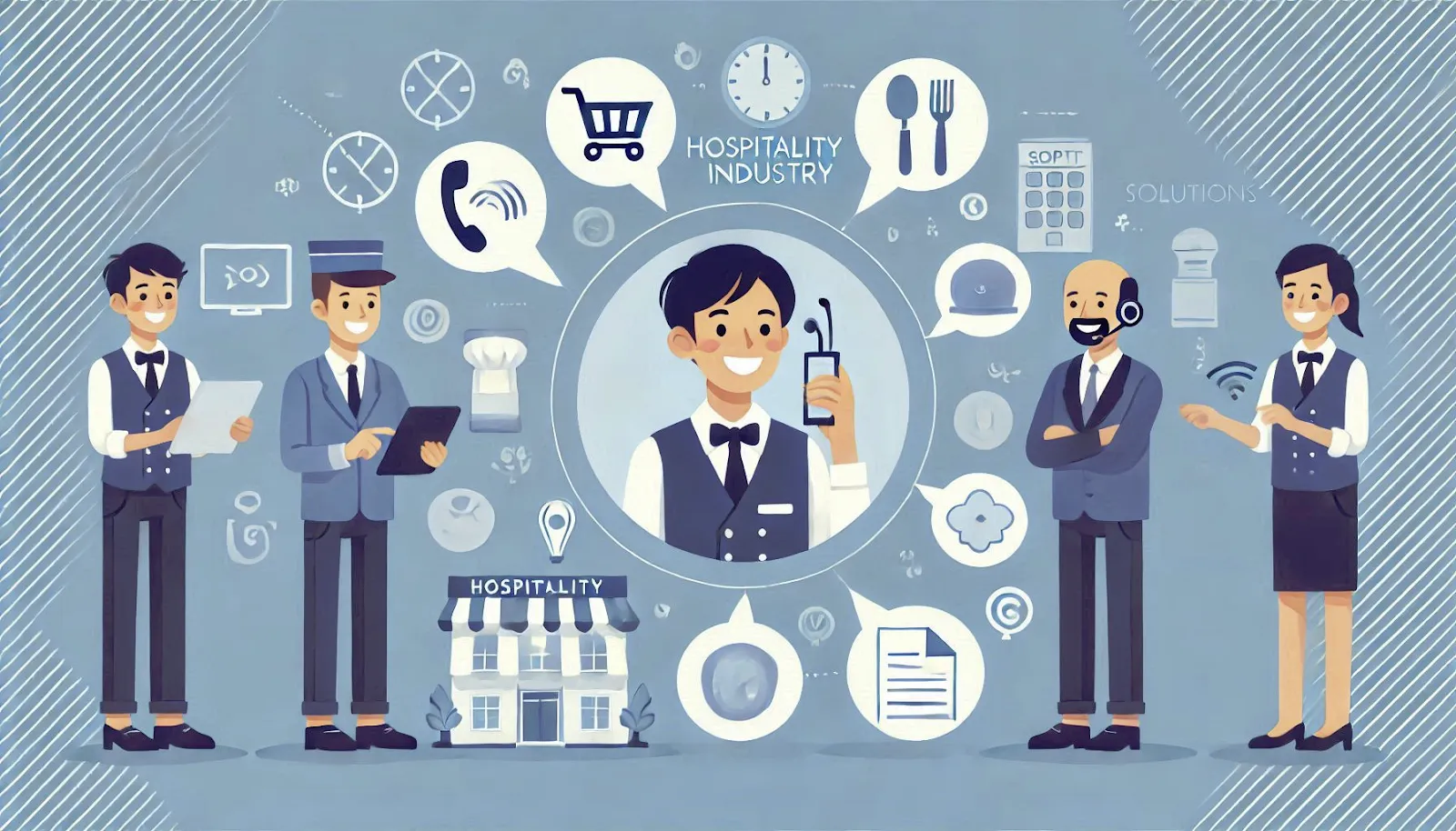 Hospitality professionals using digital tools for efficient service solutions.