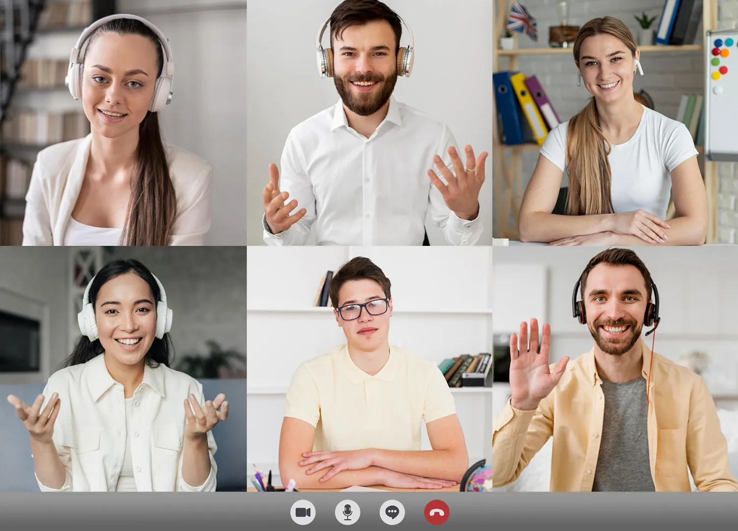 A virtual team meeting with six diverse participants, each wearing headphones, engaging in a video conference from different locations.