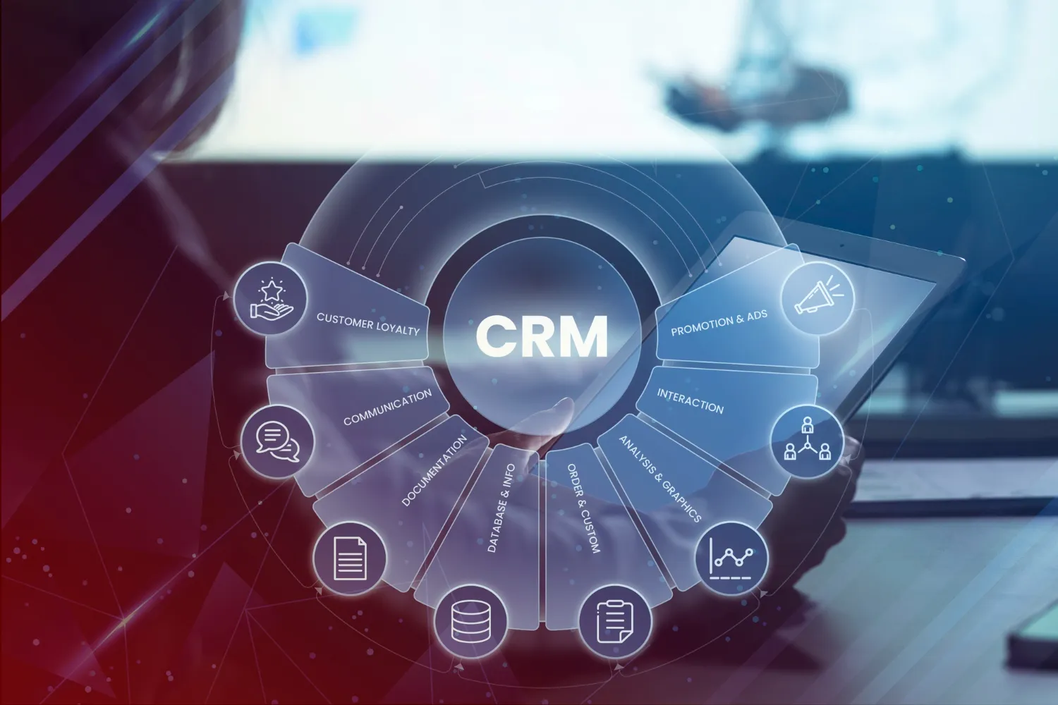 CRM dashboard displaying key business features like customer loyalty, communication, and documentation on a digital interface.