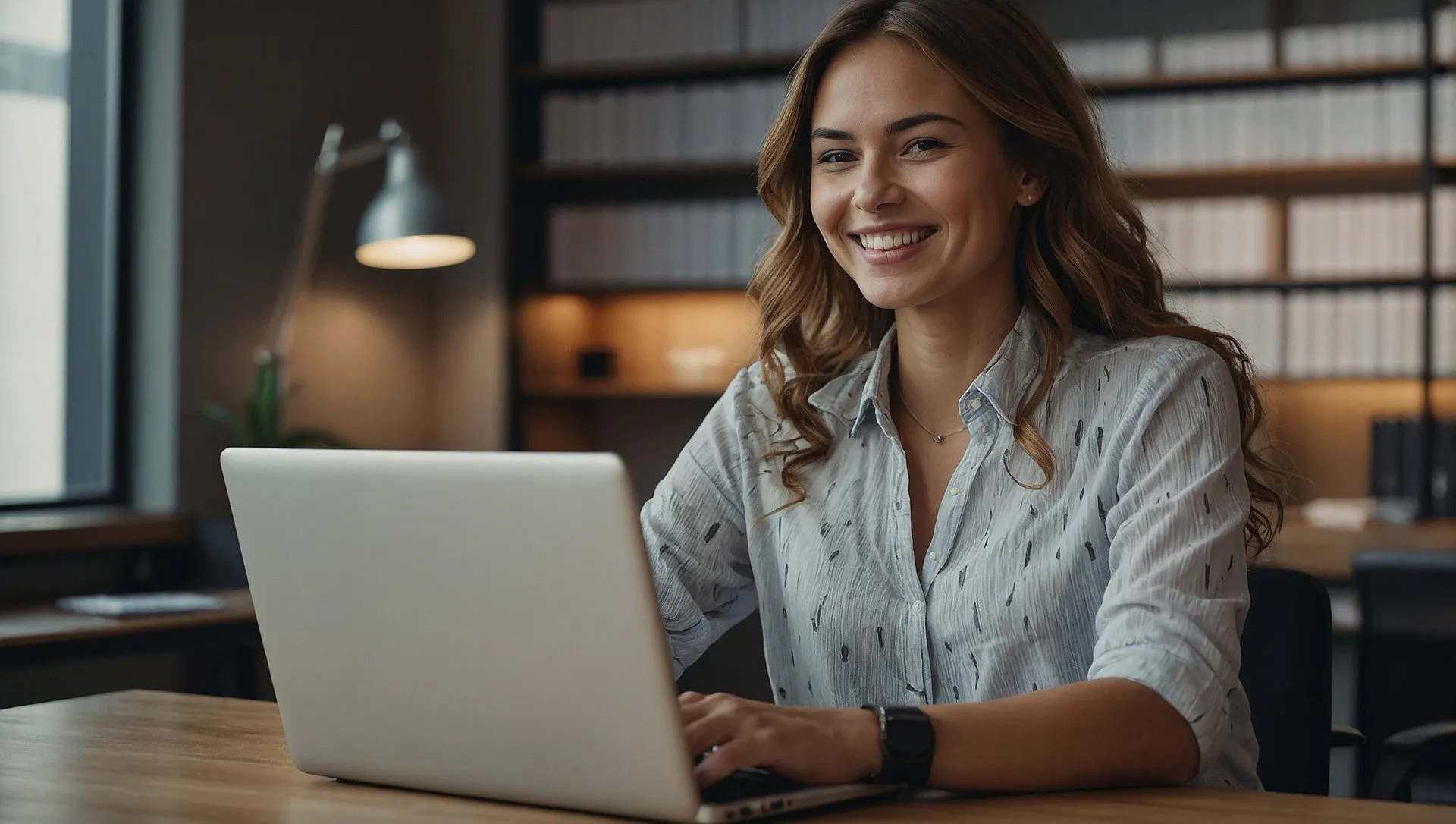 Professional woman using a laptop in a modern office setting, focused on her work with a stylish and contemporary backdrop.