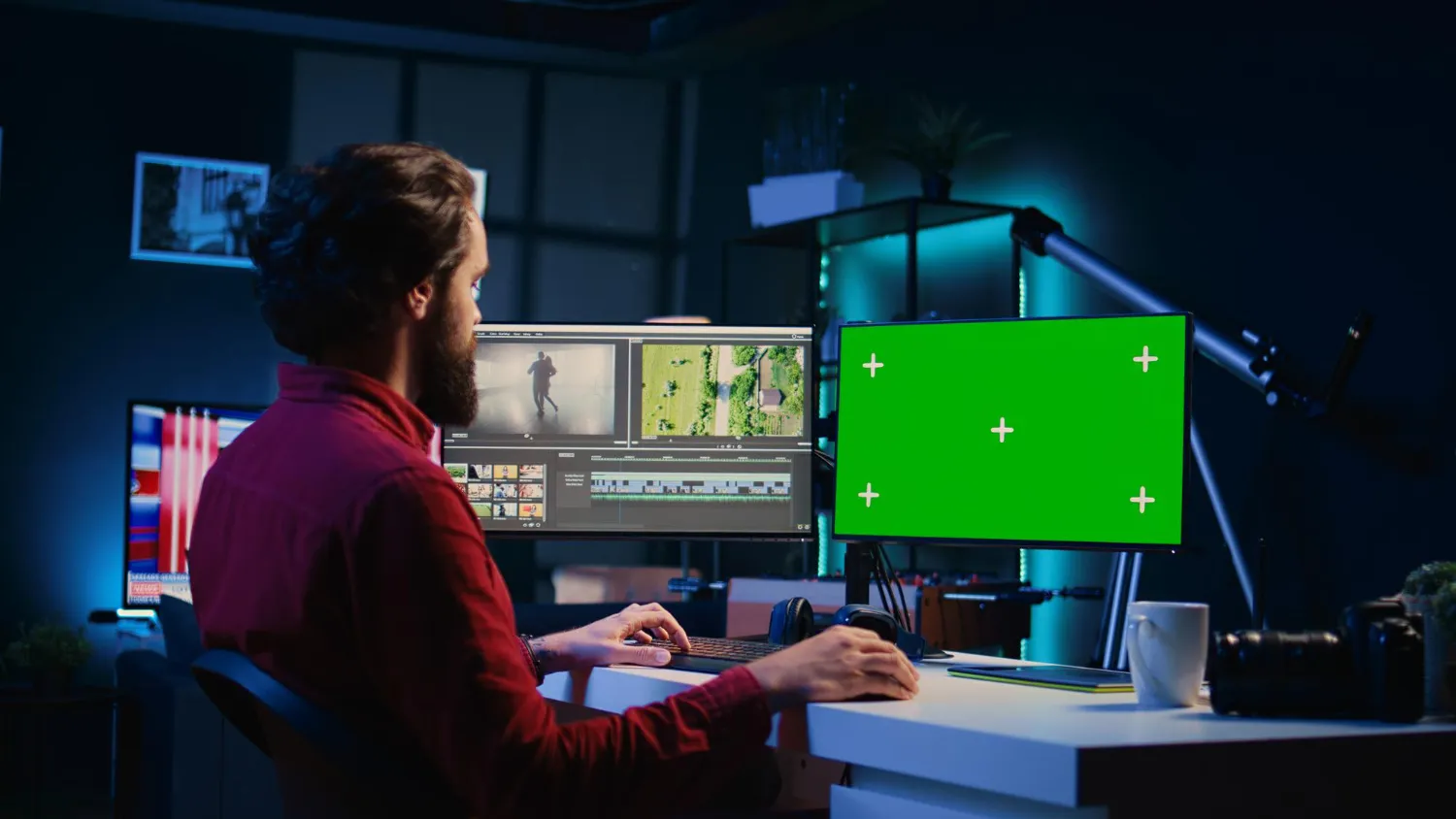 man working at video editing on the computer