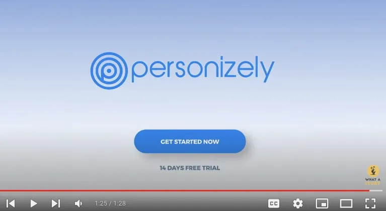 Personizely video screenshot with CTA button for 'Get Started Now' and a 14-day free trial offer.