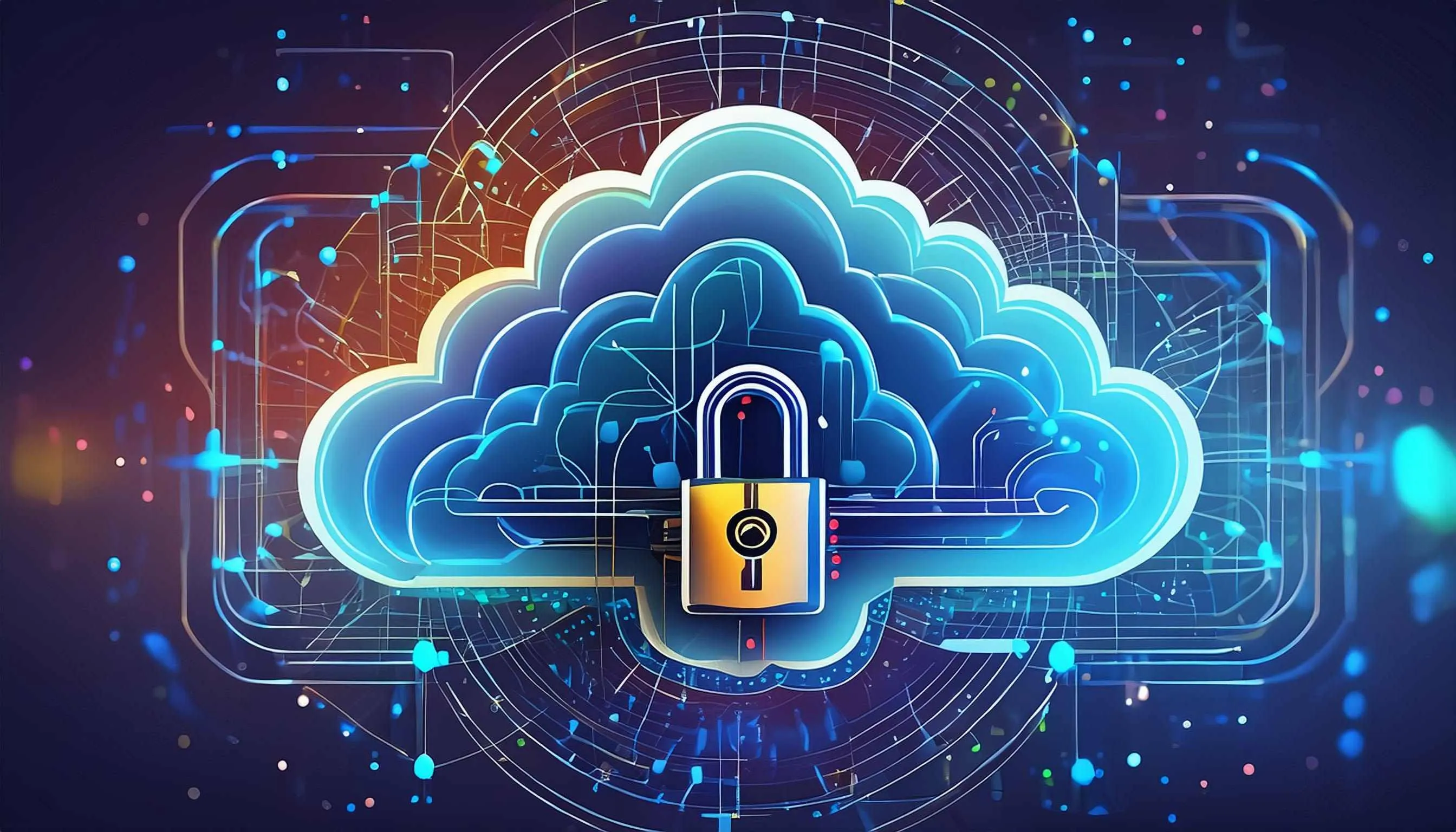 Digital illustration of cloud computing security with glowing blue cloud icon and gold padlock