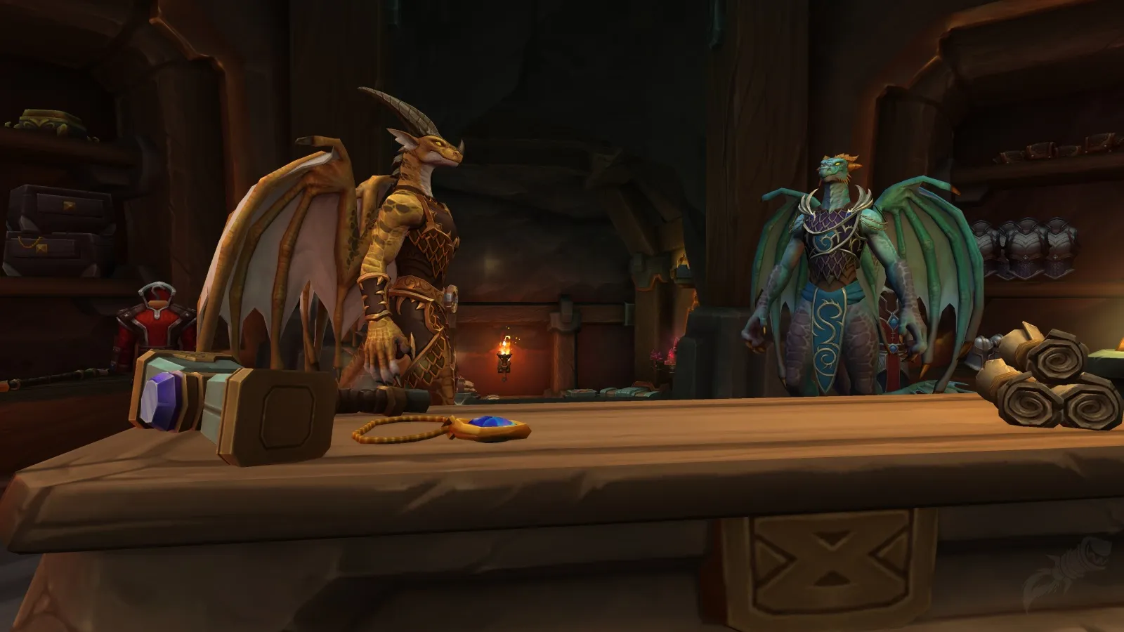 Two dragon-like characters standing in a fantasy shop, with scrolls and a hammer on the table.