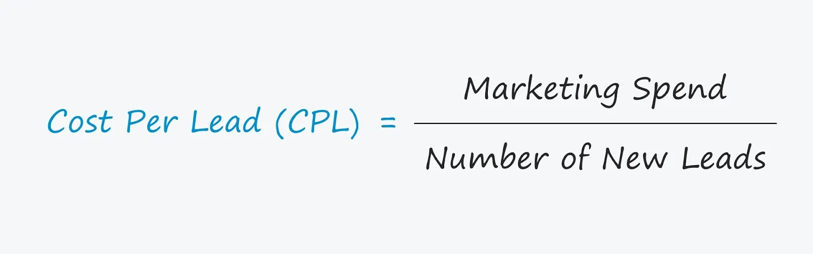 Mathematical formula for calculating Cost Per Lead (CPL) as Marketing Spend divided by Number of New Leads