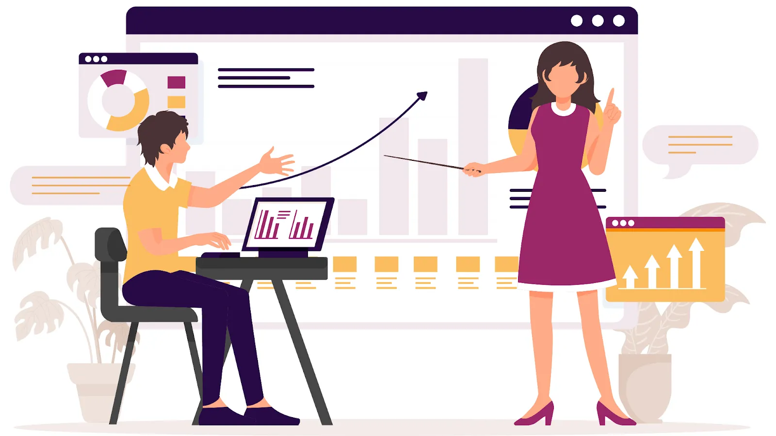 Illustration of two people analyzing and presenting data charts and graphs in a digital workspace