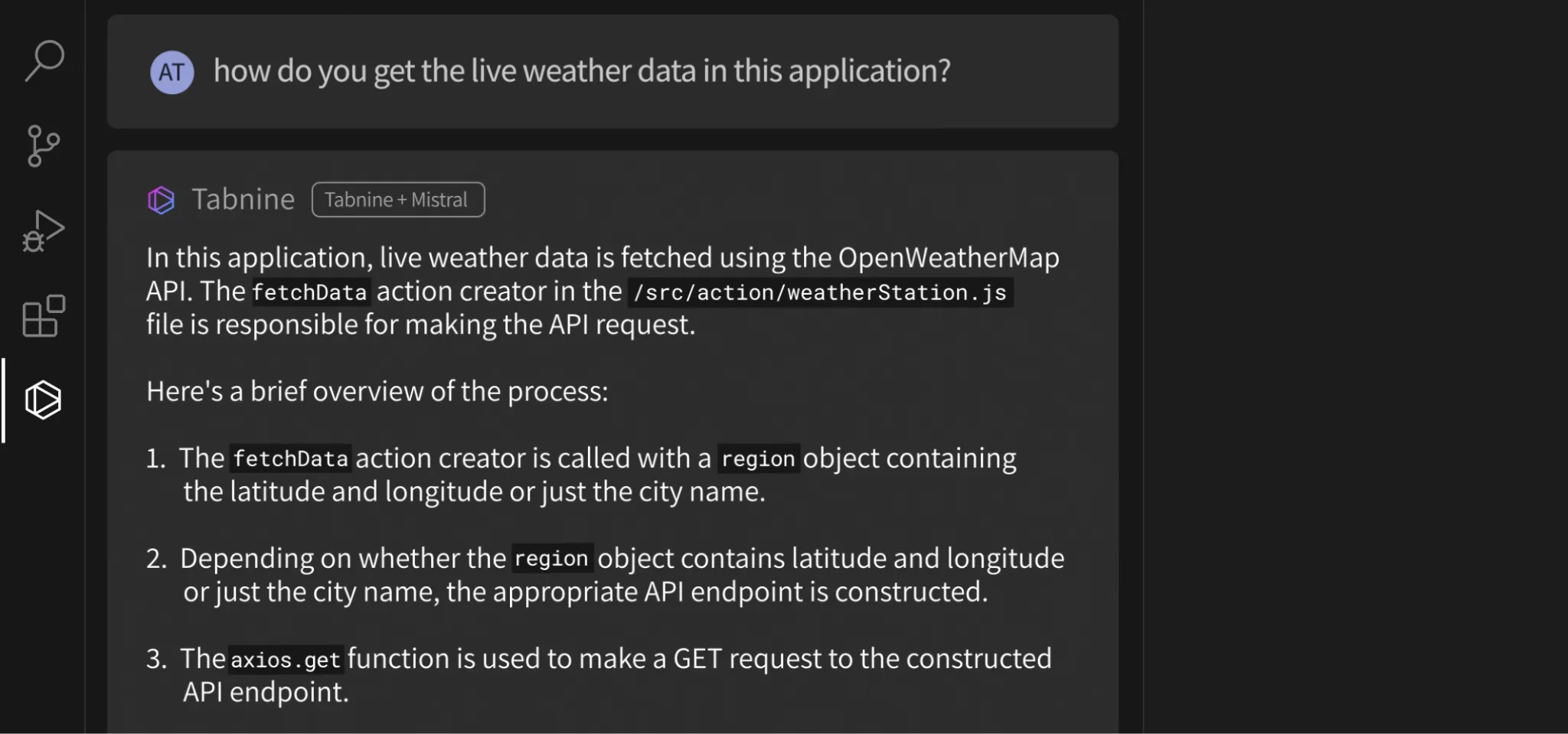 Screenshot of a coding interface showing a conversation about fetching live weather data.