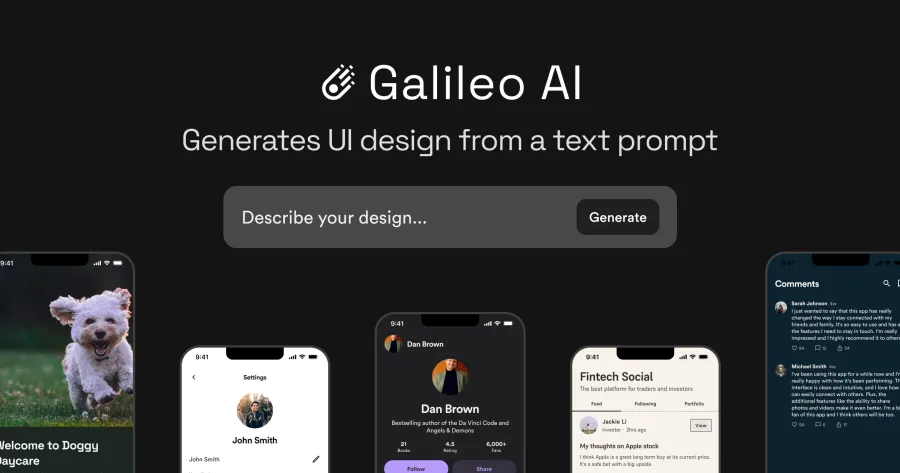 Galileo AI user interface design generator tool, showing text input prompt and sample mobile app UI designs generated from text descriptions.