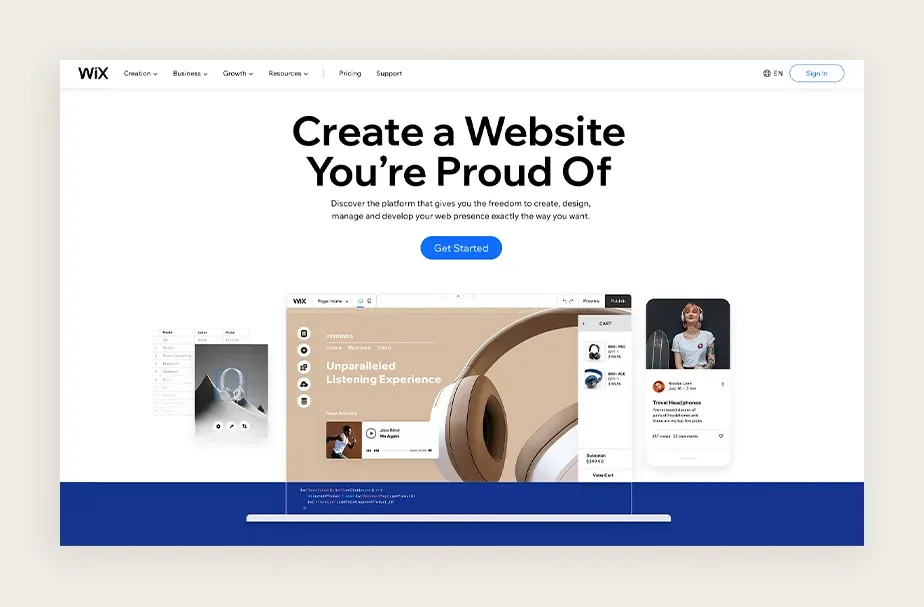 Wix website homepage with the slogan - Create a Website You're Proud Of.