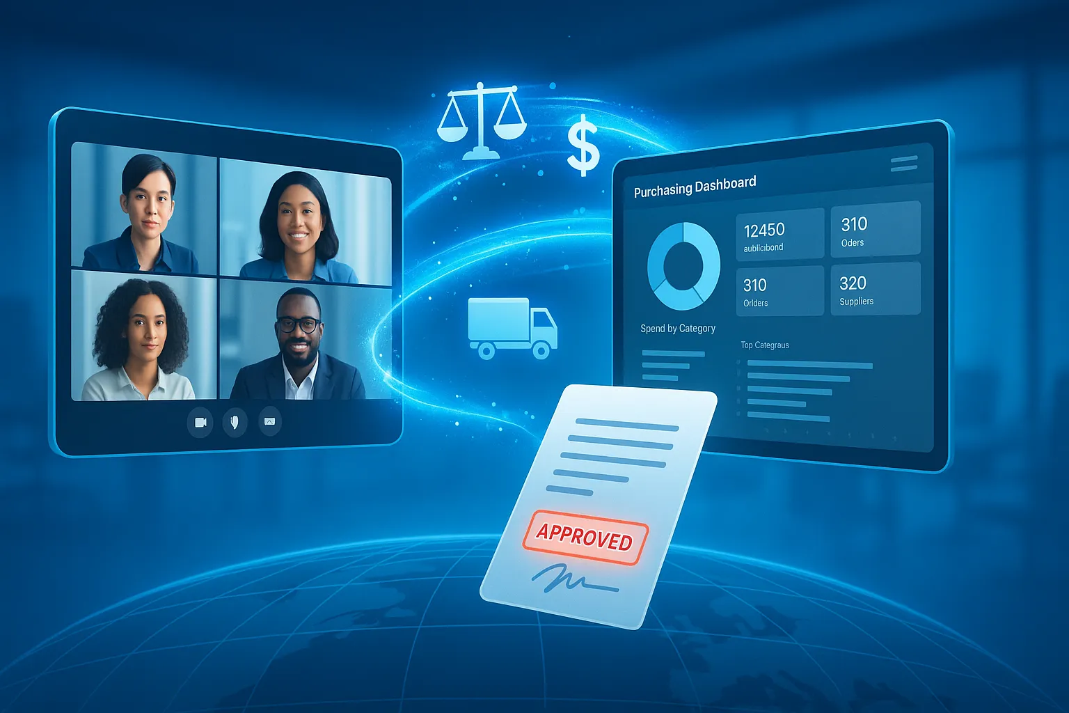Approved procurement dashboard with orders, suppliers, and video call.