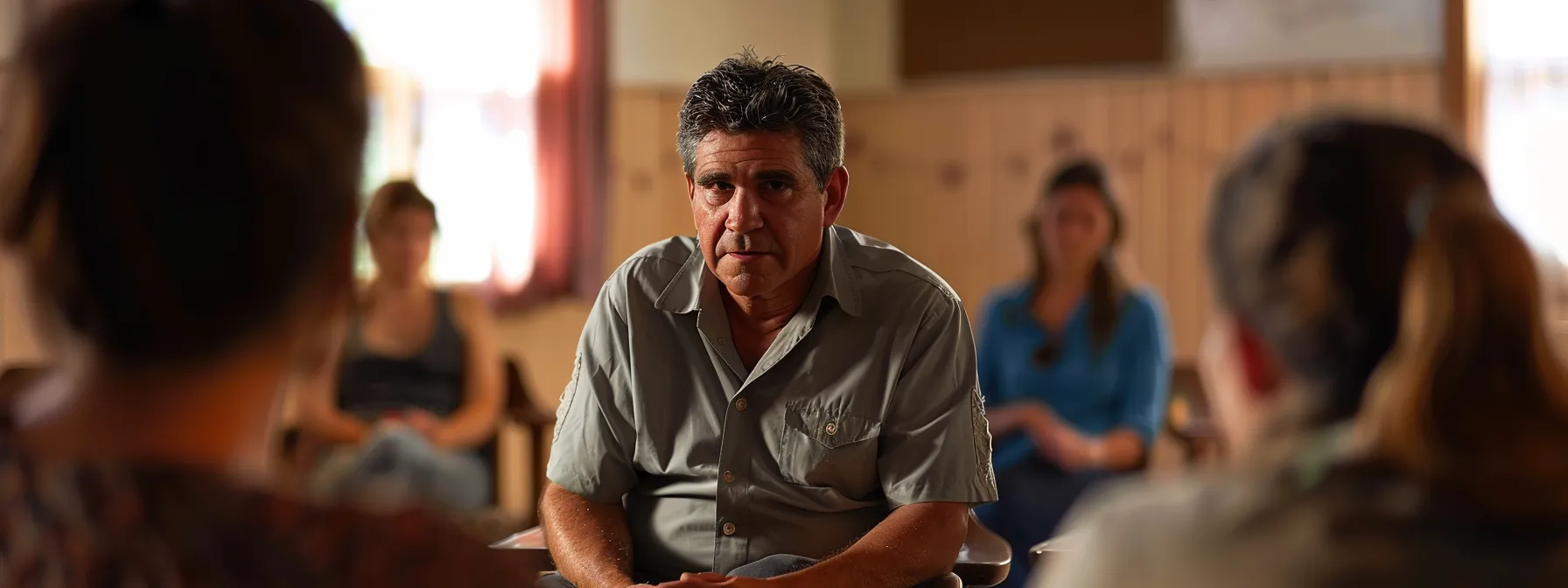 Man leading a community support group discussion in a room.