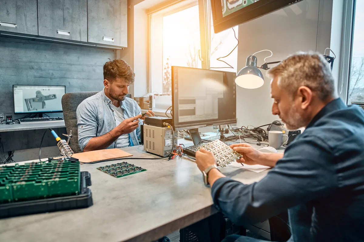 Engineers working on electronic circuit boards and prototypes in a modern laboratory, showcasing electronics development and innovation.