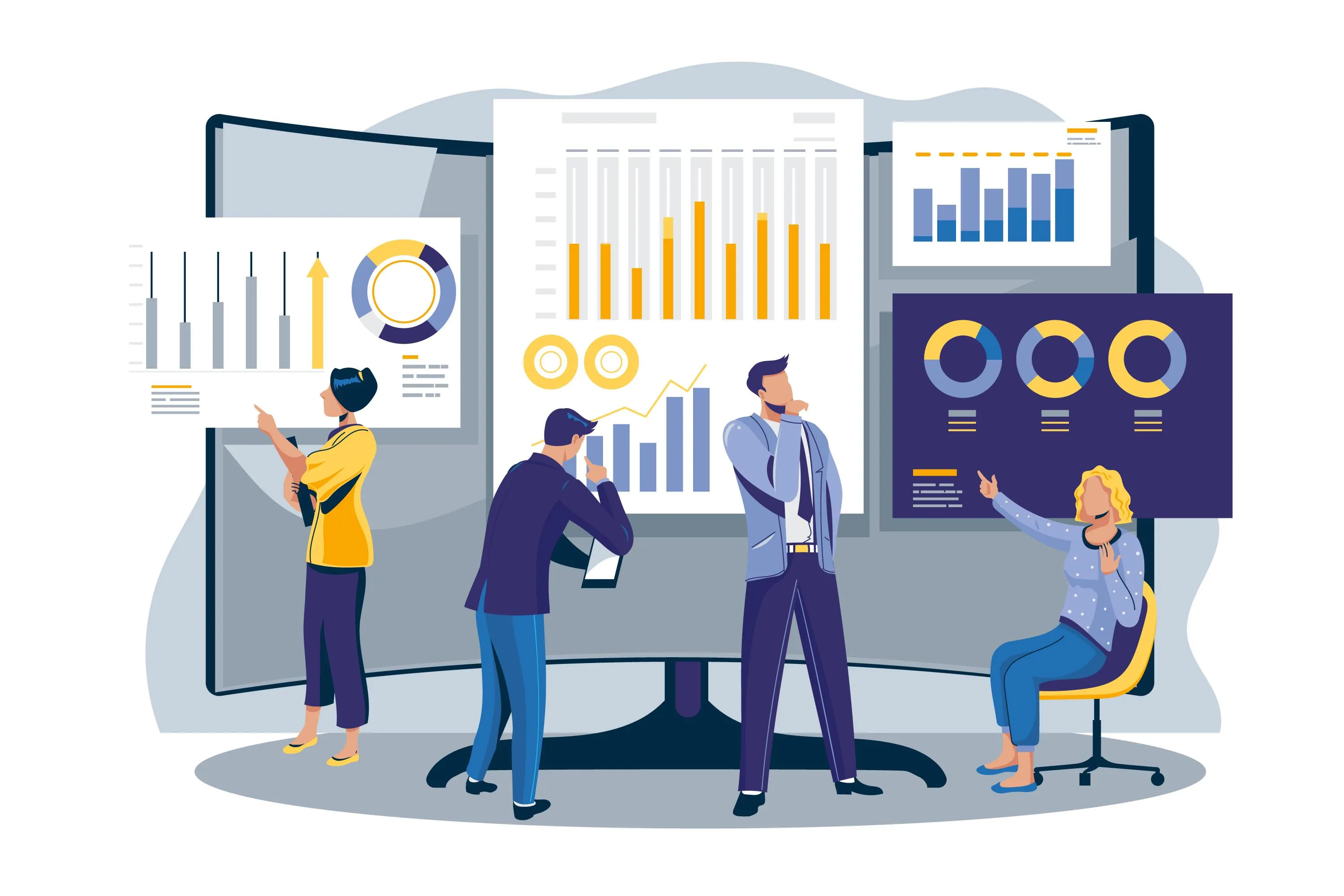 Team of professionals analyzing business data with charts, graphs, and statistics on large screens.