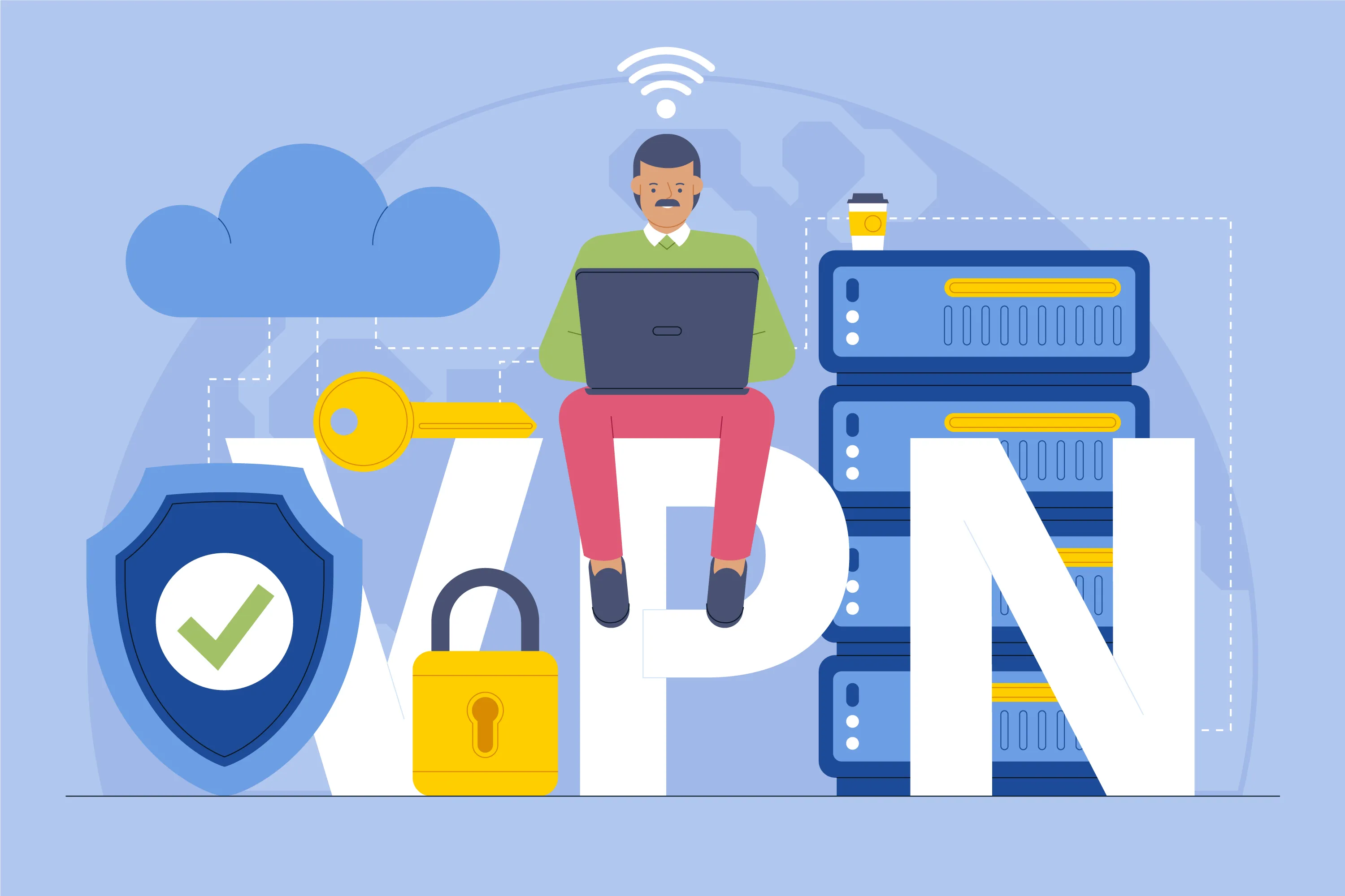 Illustration of a man using a laptop with VPN security elements like cloud, shield, lock, and servers, representing online privacy and protection.