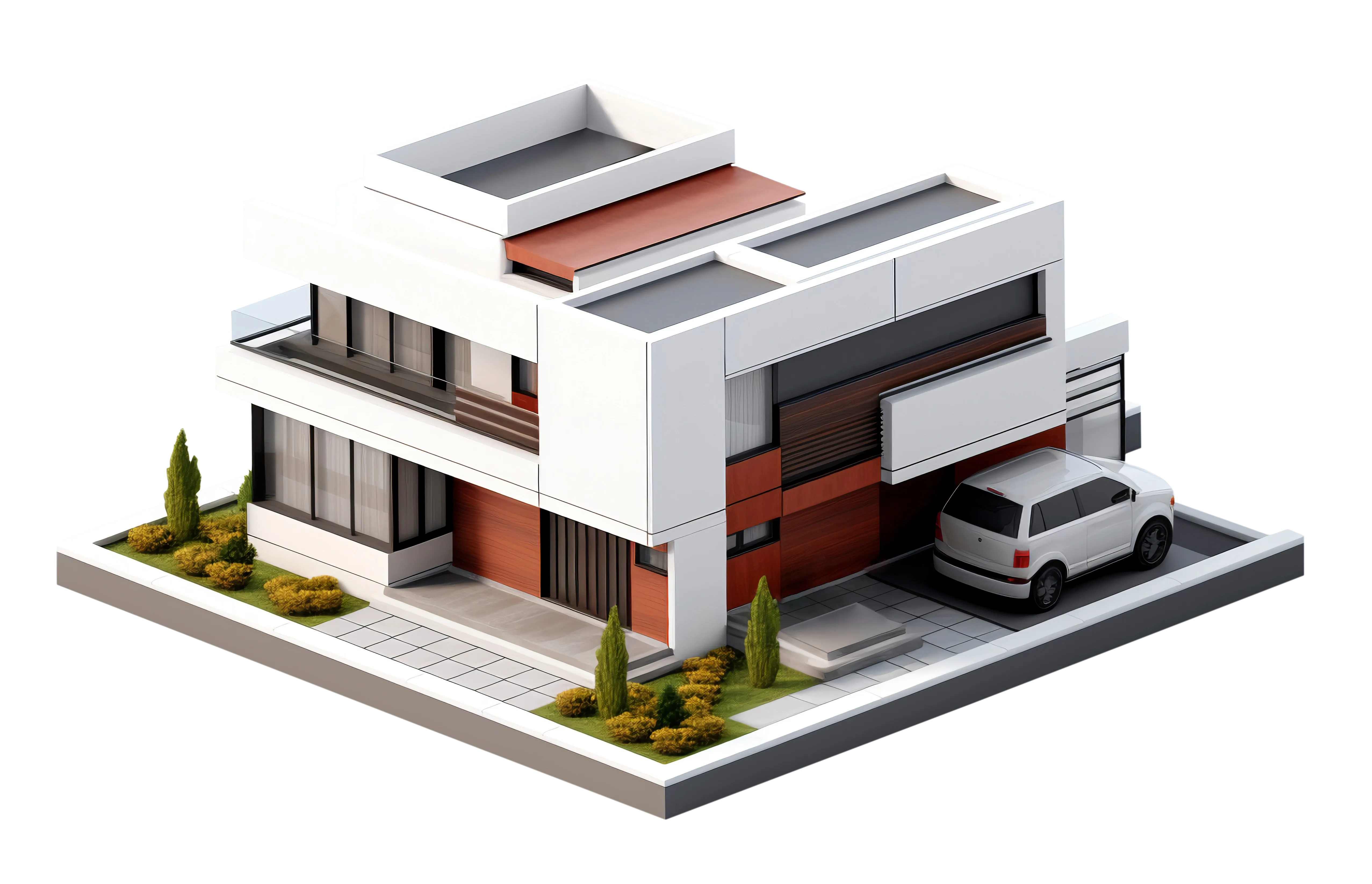 3D rendering of a modern house with white and wooden exterior, flat roofs, and a car parked in the driveway, showcasing contemporary architectural design.