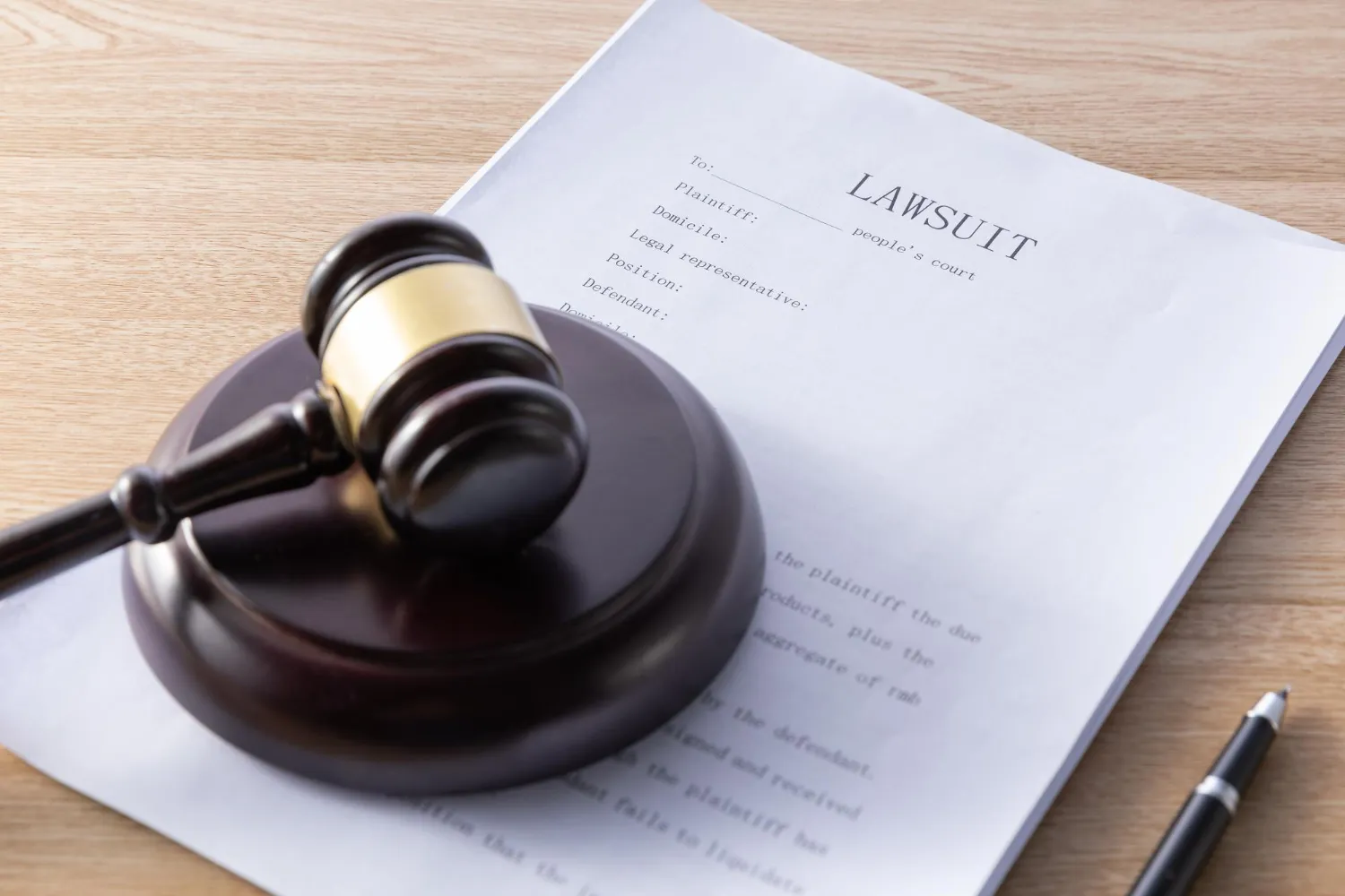 Gavel and lawsuit document on wooden table for legal case.